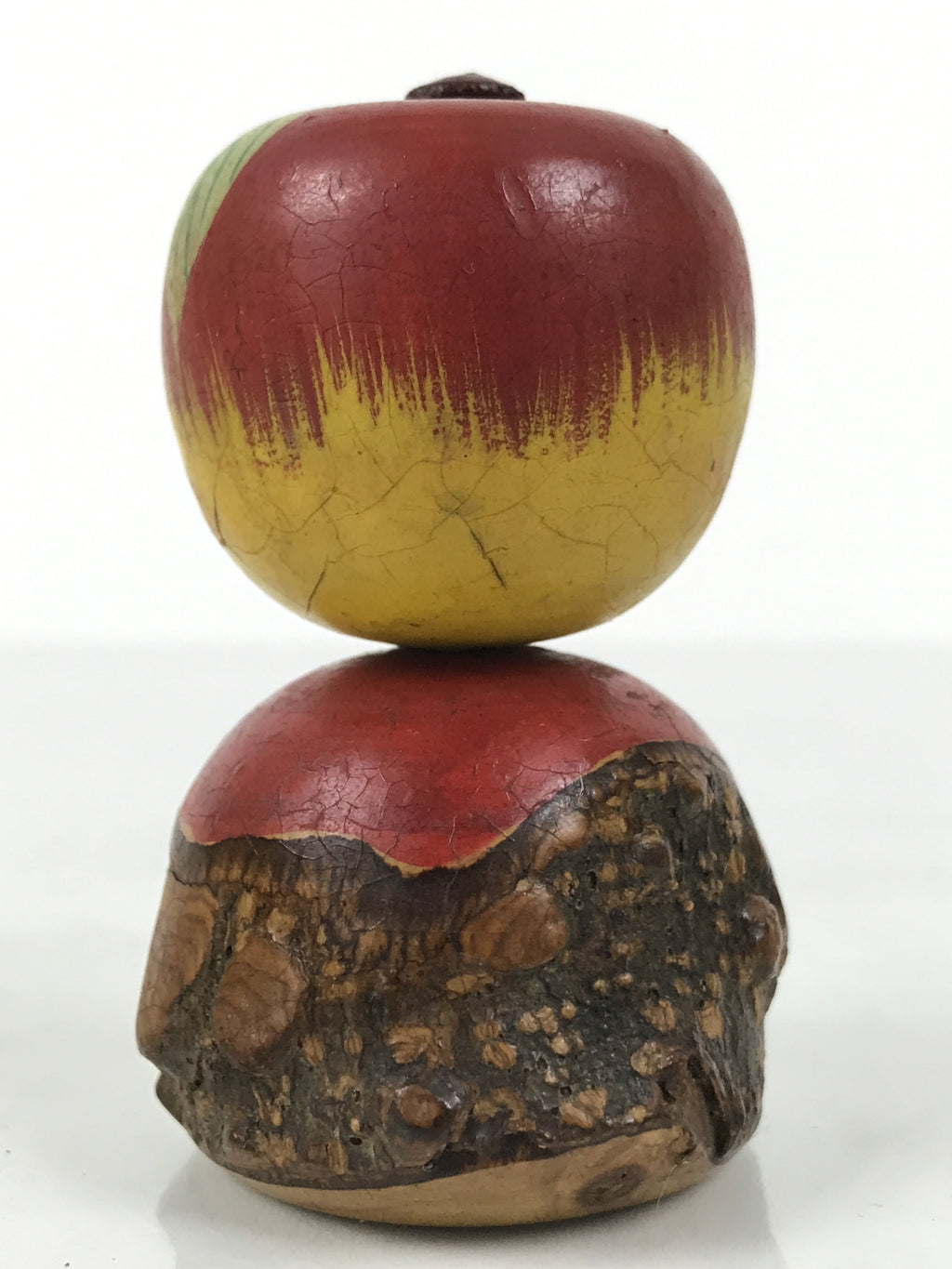 Japanese Wooden Kokeshi Doll Vtg Figurine Wobbly Apple Head Bark Floral KF805