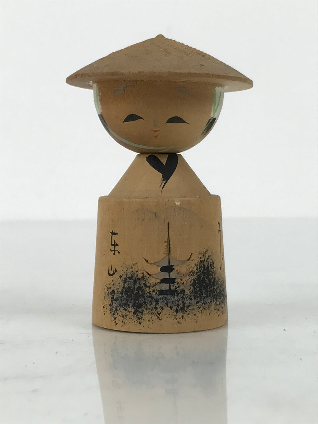 Japanese Wooden Kokeshi Doll Vtg Figurine Wobbly Head Hat Kyoto Pagoda KF815