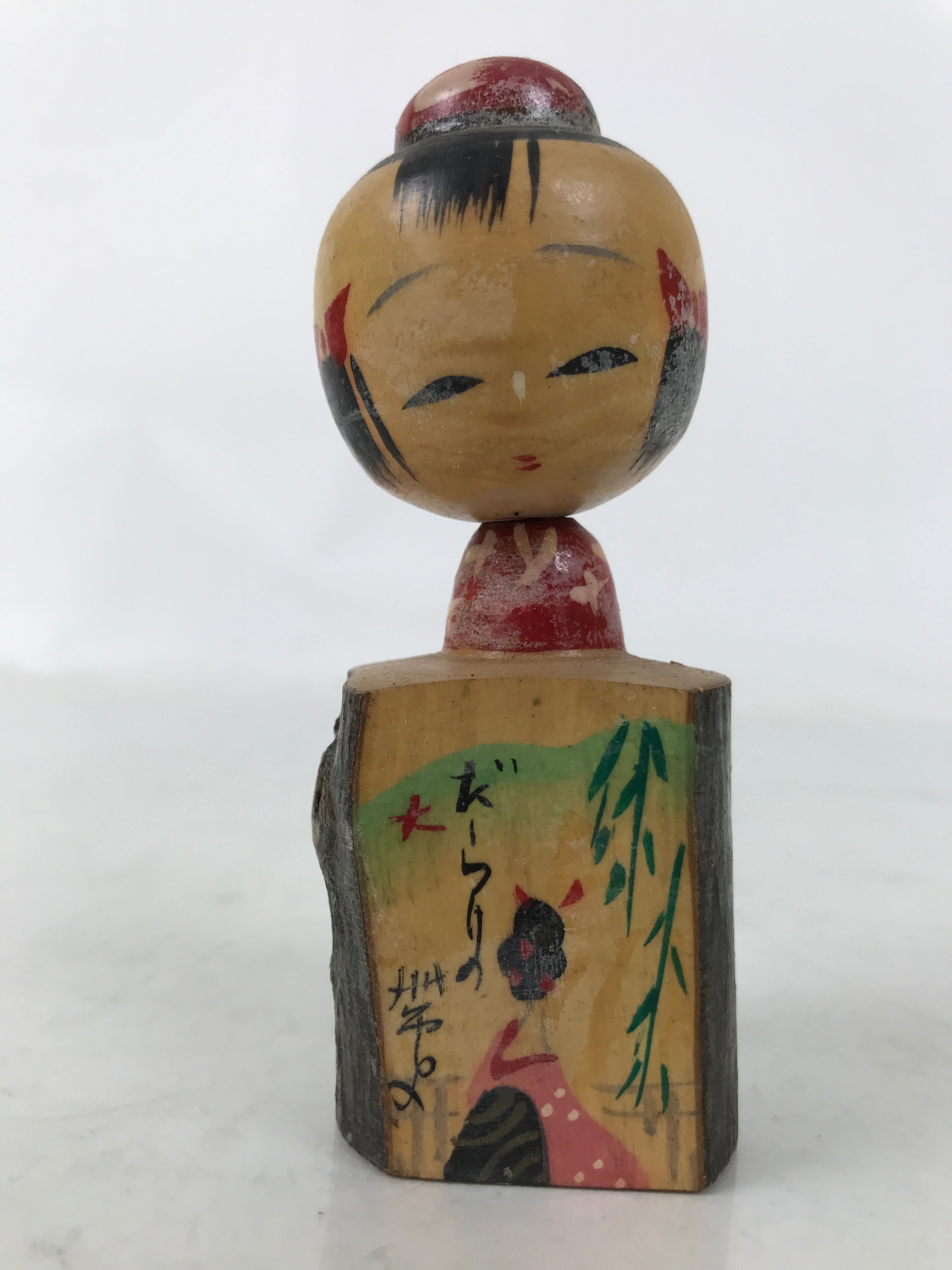 Japanese Wooden Kokeshi Doll Vtg Girl Figurine Red Kimono Obi Wobbly Head KF746