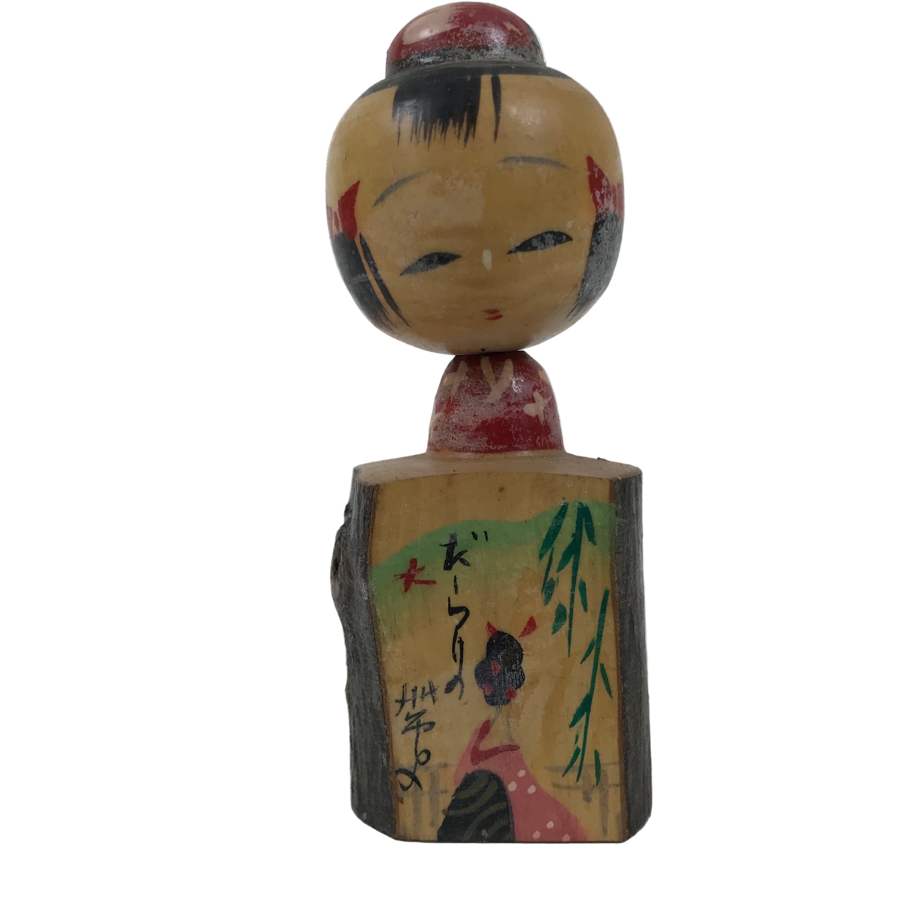 Japanese Wooden Kokeshi Doll Vtg Girl Figurine Red Kimono Obi Wobbly Head KF746