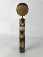 Japanese Wooden Kokeshi Doll Vtg Green White Leaves Pattern Kimono KF728