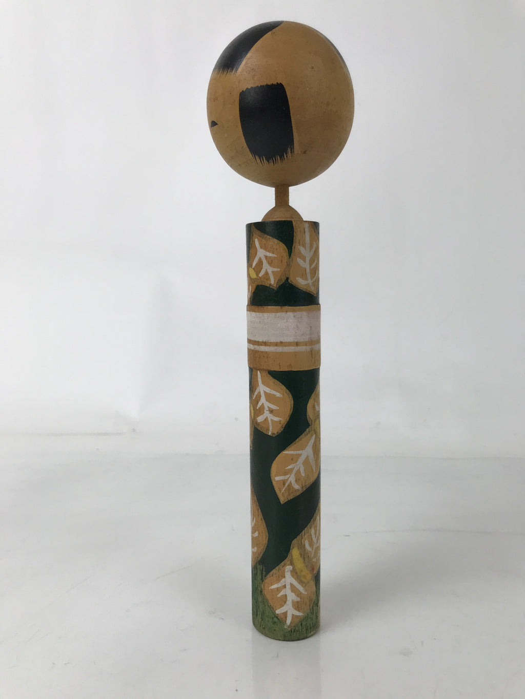 Japanese Wooden Kokeshi Doll Vtg Green White Leaves Pattern Kimono KF728