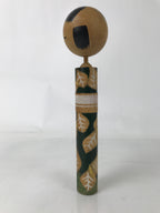 Japanese Wooden Kokeshi Doll Vtg Green White Leaves Pattern Kimono KF728