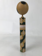 Japanese Wooden Kokeshi Doll Vtg Green White Leaves Pattern Kimono KF728