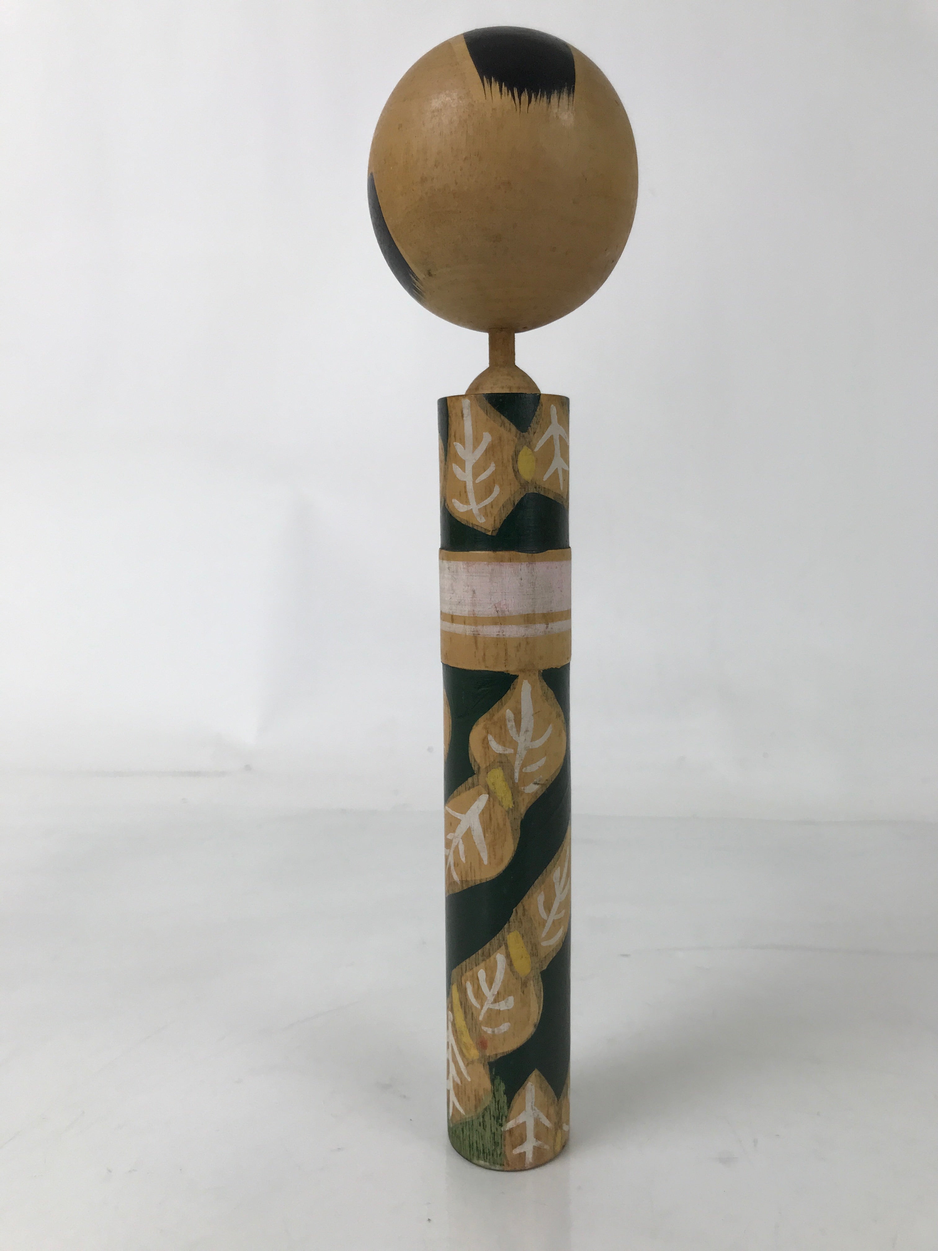 Japanese Wooden Kokeshi Doll Vtg Green White Leaves Pattern Kimono KF728