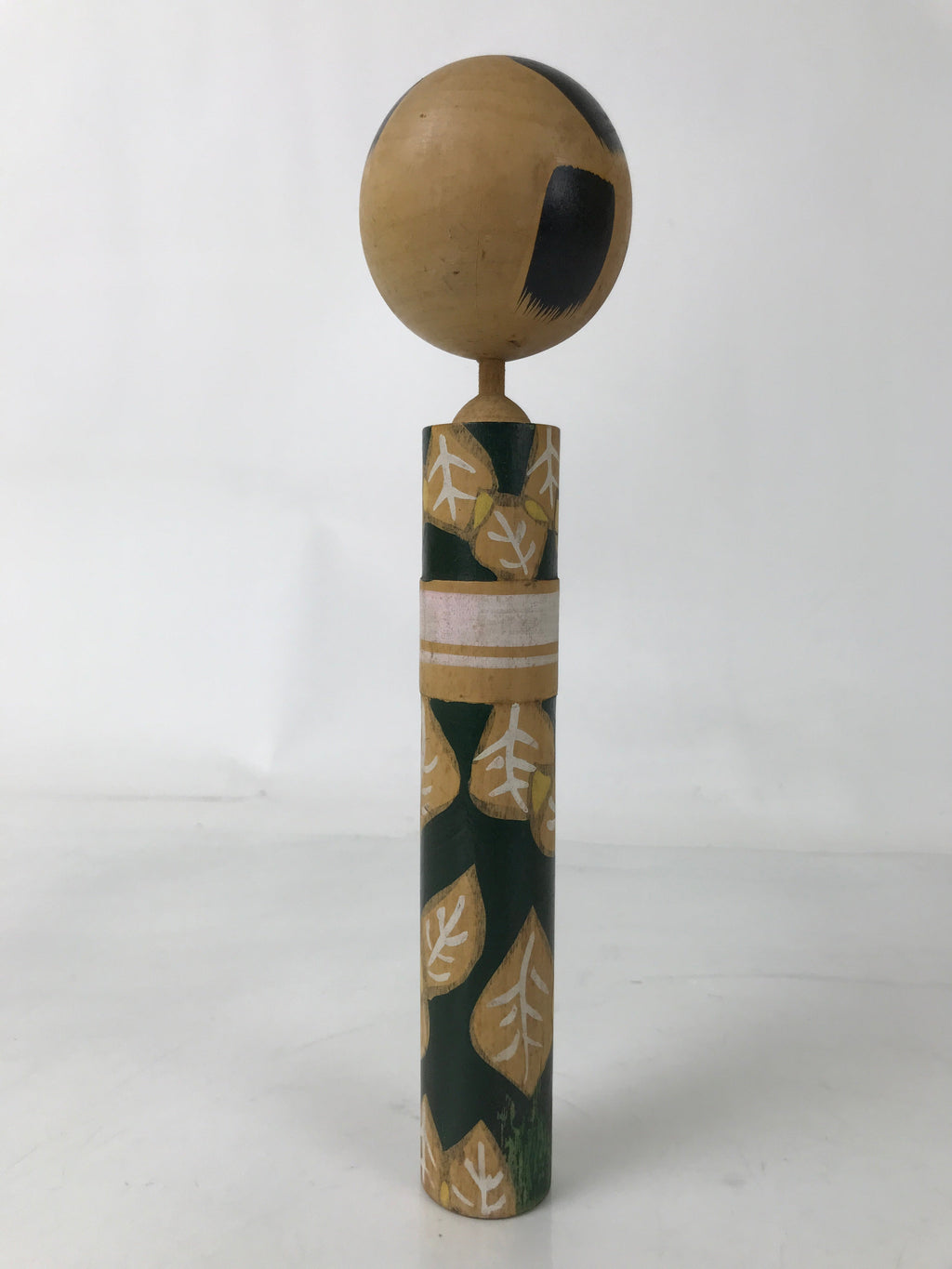 Japanese Wooden Kokeshi Doll Vtg Green White Leaves Pattern Kimono KF728