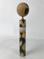 Japanese Wooden Kokeshi Doll Vtg Green White Leaves Pattern Kimono KF728