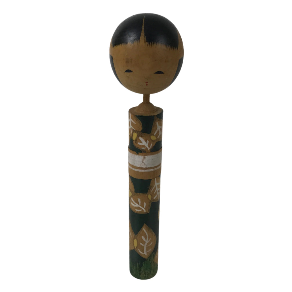 Japanese Wooden Kokeshi Doll Vtg Green White Leaves Pattern Kimono KF728