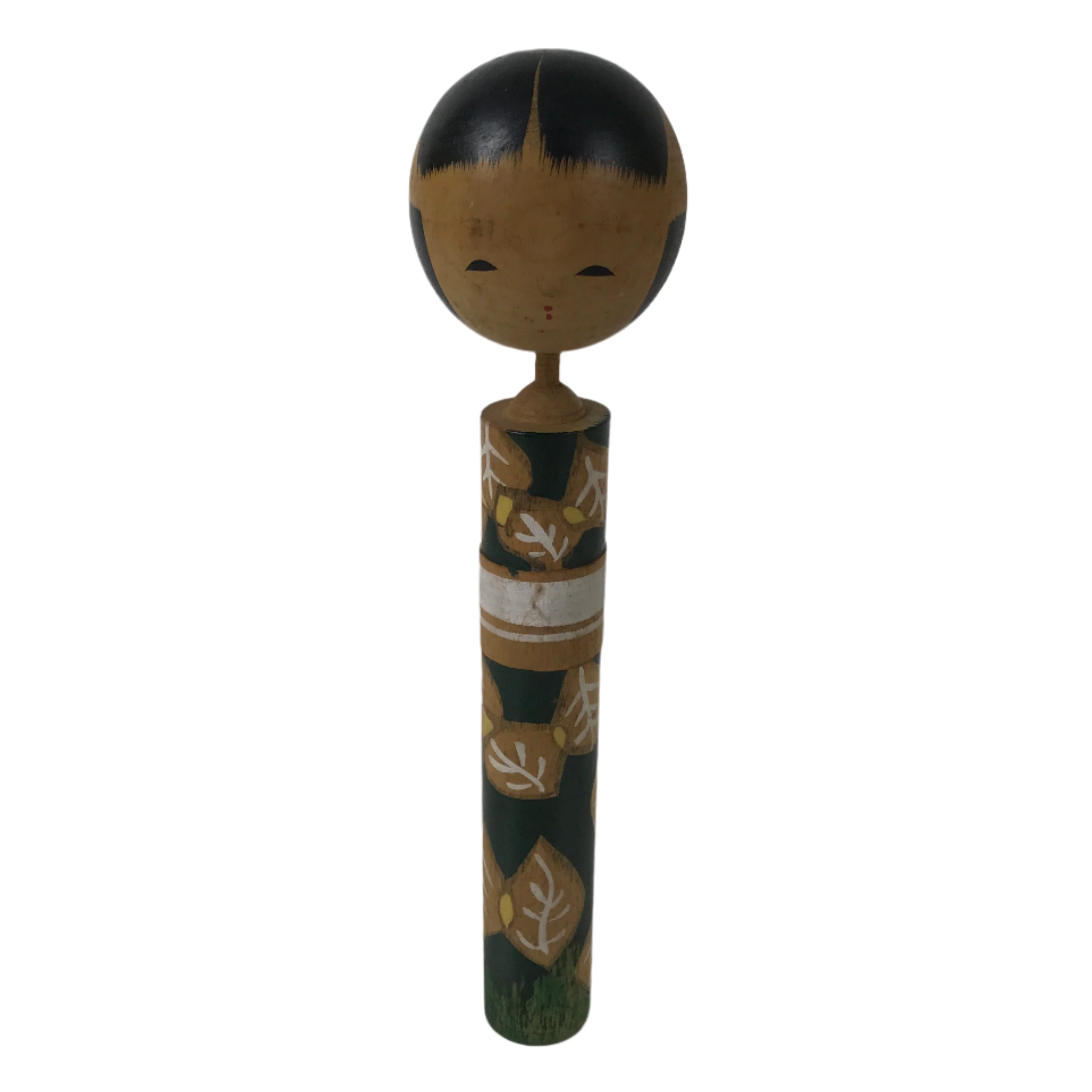 Japanese Wooden Kokeshi Doll Vtg Green White Leaves Pattern Kimono KF728