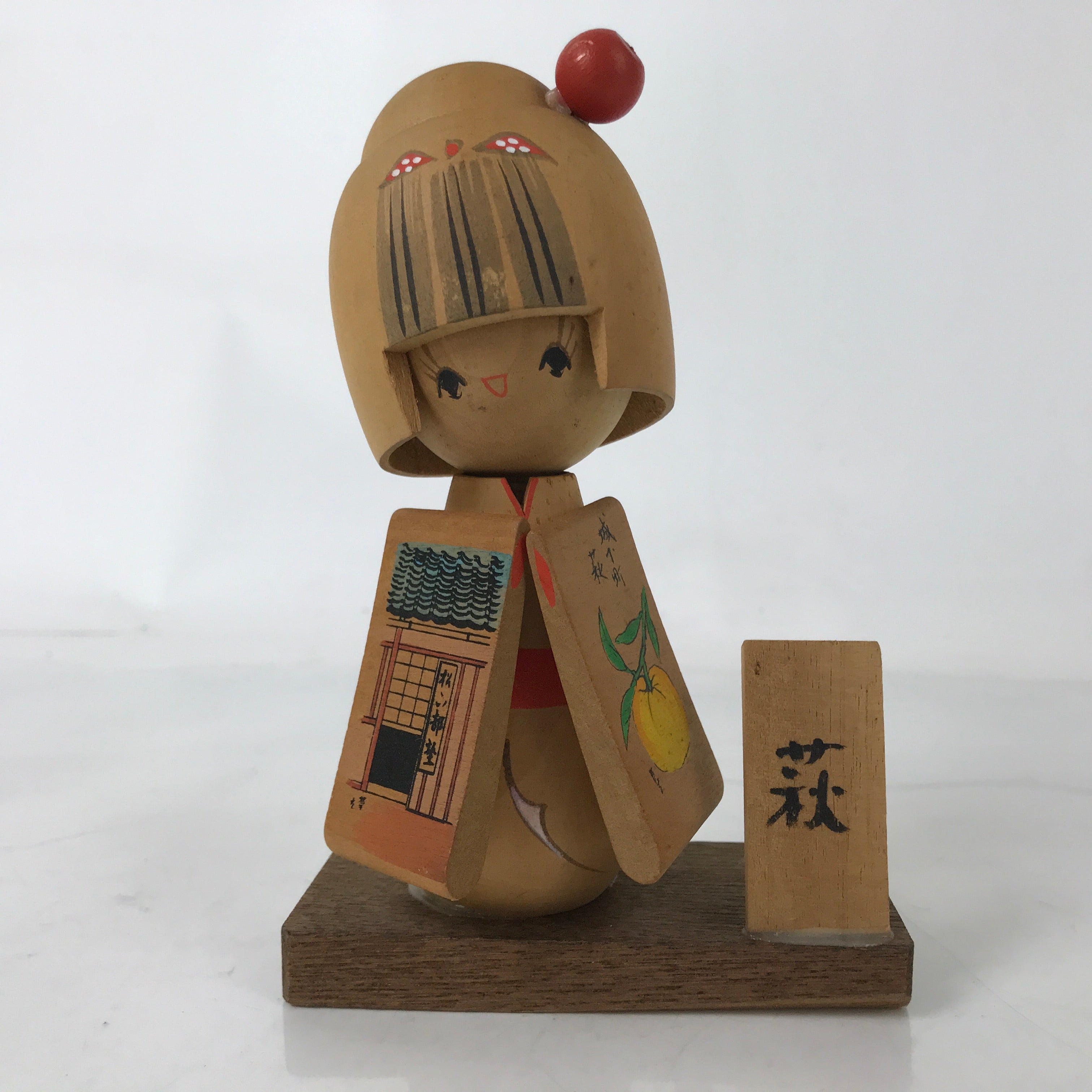 Japanese Wooden Kokeshi Doll Vtg Hagi Souvenir Smiling Orange KF732