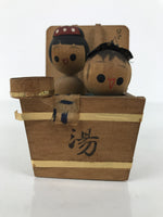 Japanese Wooden Kokeshi Doll Vtg Hot Spring Figurine Bath Smile Brown Blue K809