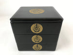 Japanese Wooden Lacquered Bento Box 3 Tier Vtg Kamon Family Crest Black Red L102