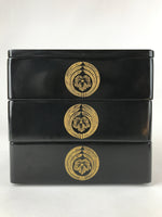 Japanese Wooden Lacquered Bento Box 3 Tier Vtg Kamon Family Crest Black Red L102