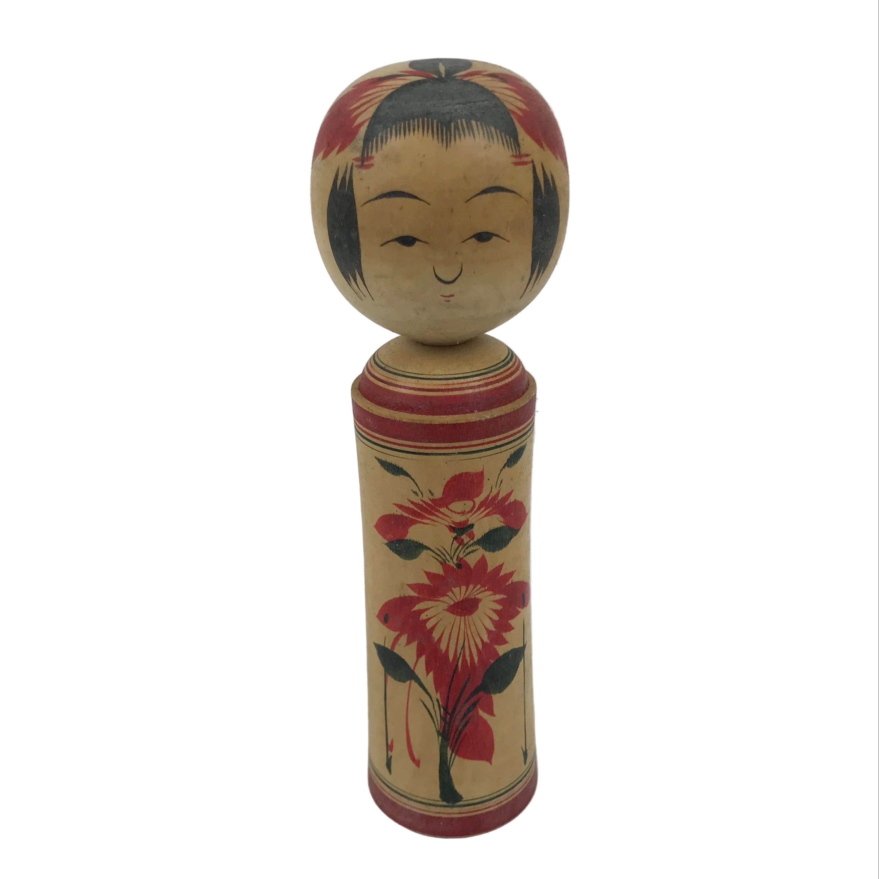 Japanese Wooden Naruko Kokeshi Doll Vtg Black Red Brown Traditional Craft KF833