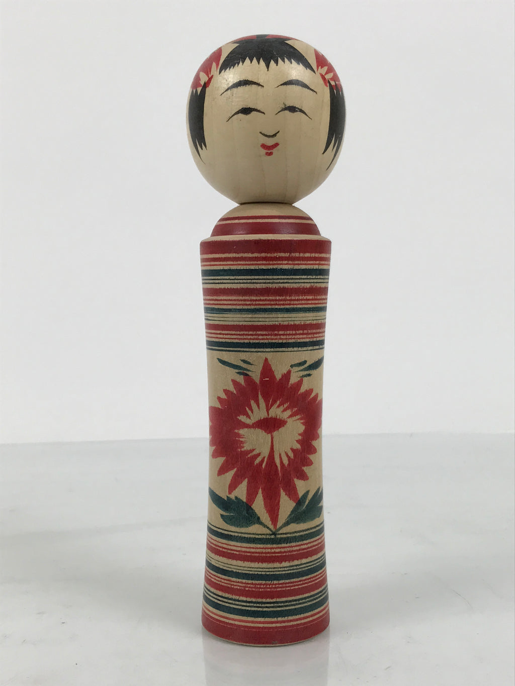 Japanese Wooden Naruko Kokeshi Doll Vtg Black Red Brown Traditional Craft KF835