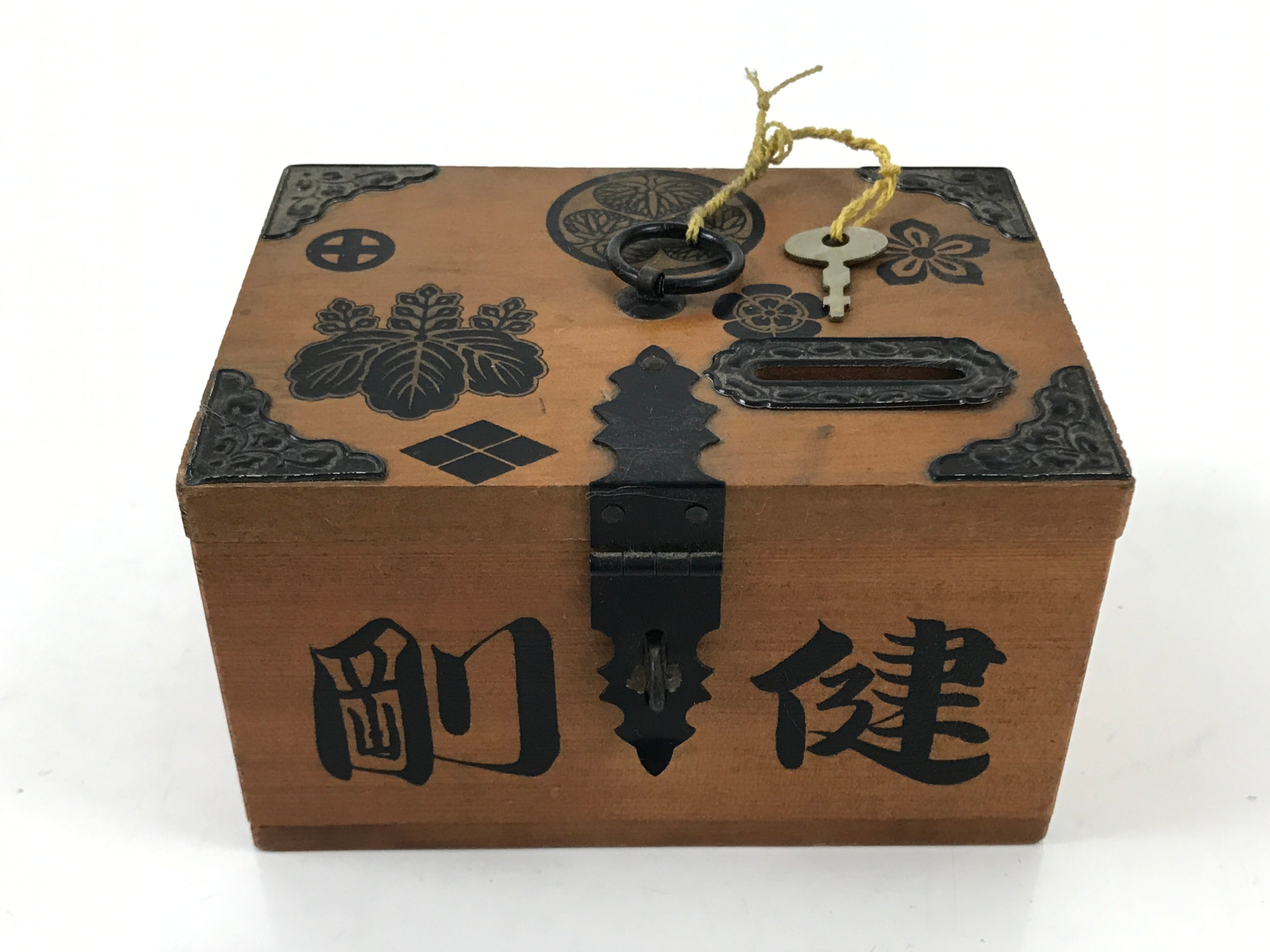 Japanese Wooden Piggy Bank Vtg Money Saving Box Family Crests Brown JK790