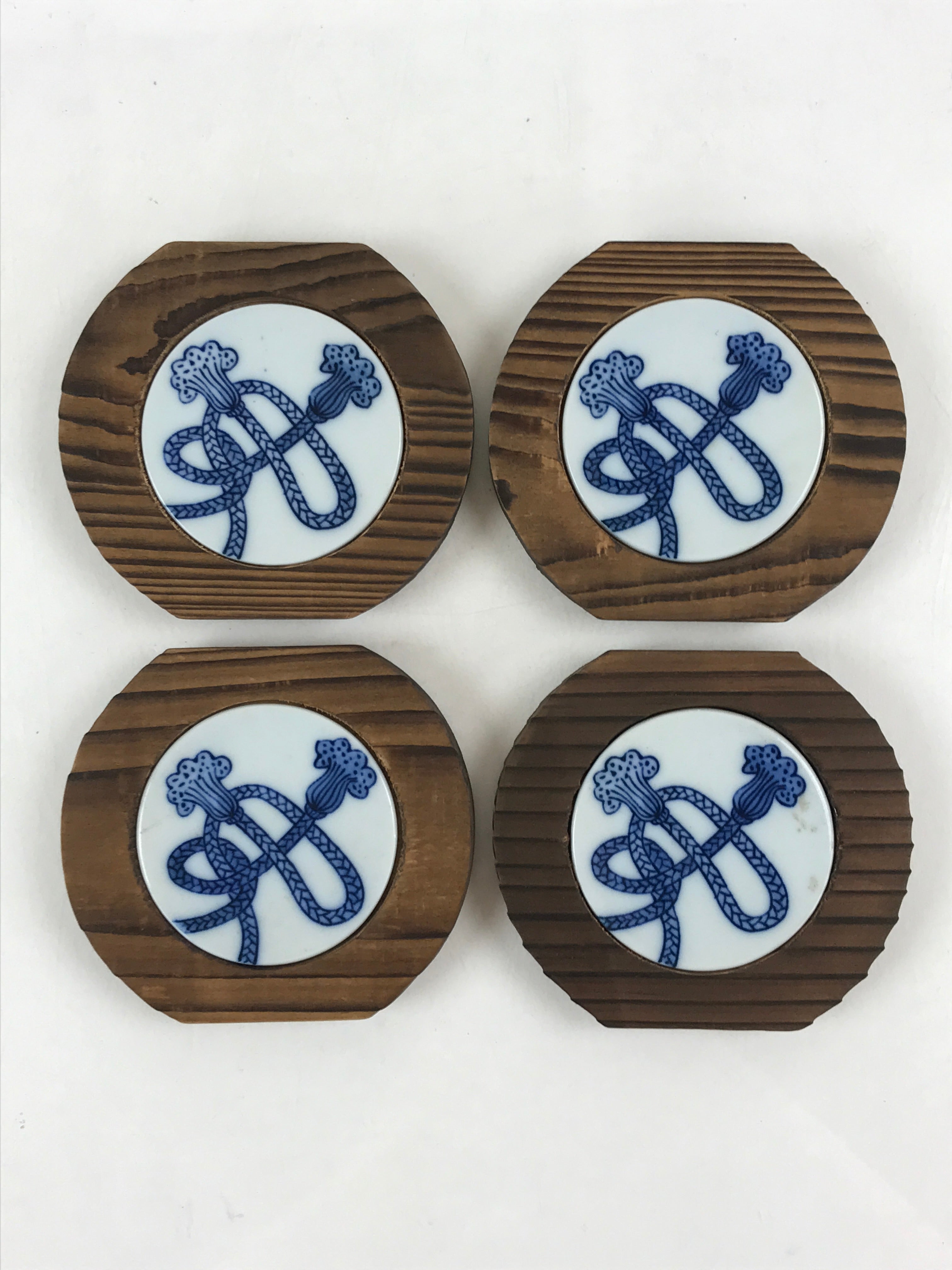 Japanese Wooden Porcelain Drink Saucer 5pc Set Vtg Chataku Coaster Rope UR954