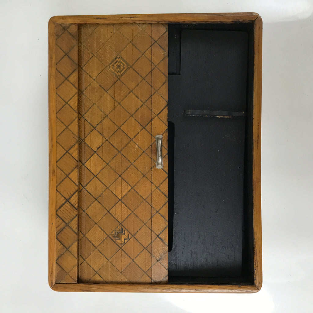 Japanese Wooden Portable Calligraphy Writing Storage Box Shutter Lid Brown T401