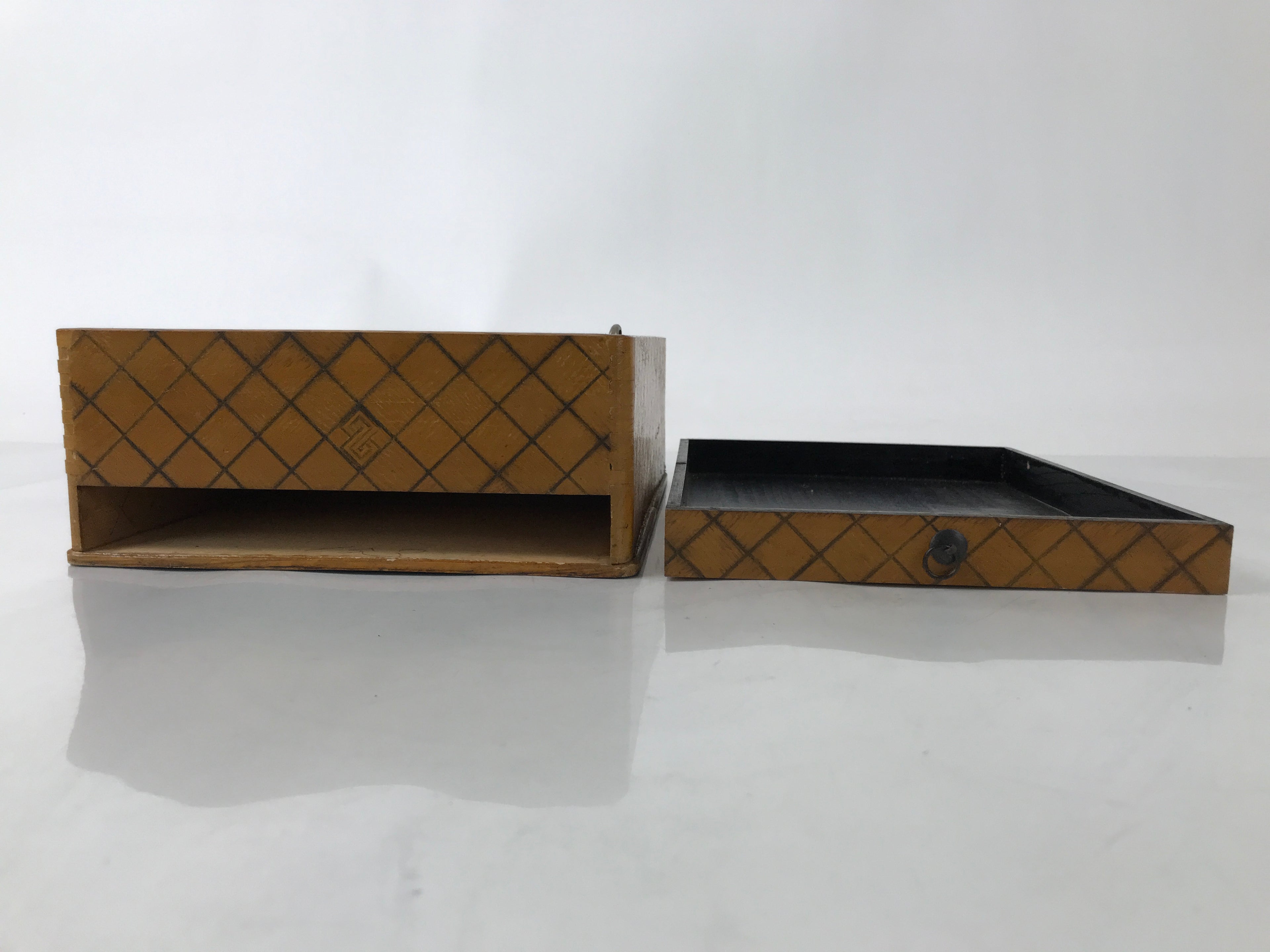 Japanese Wooden Portable Calligraphy Writing Storage Box Shutter Lid Brown T401