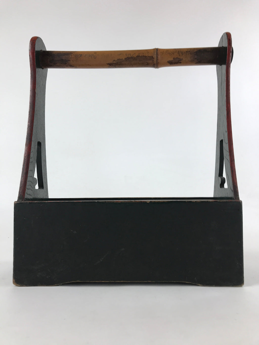 Japanese Wooden Sake Bottle Carrier Box Vtg Bamboo Handle Mt. Fuji Green JK603
