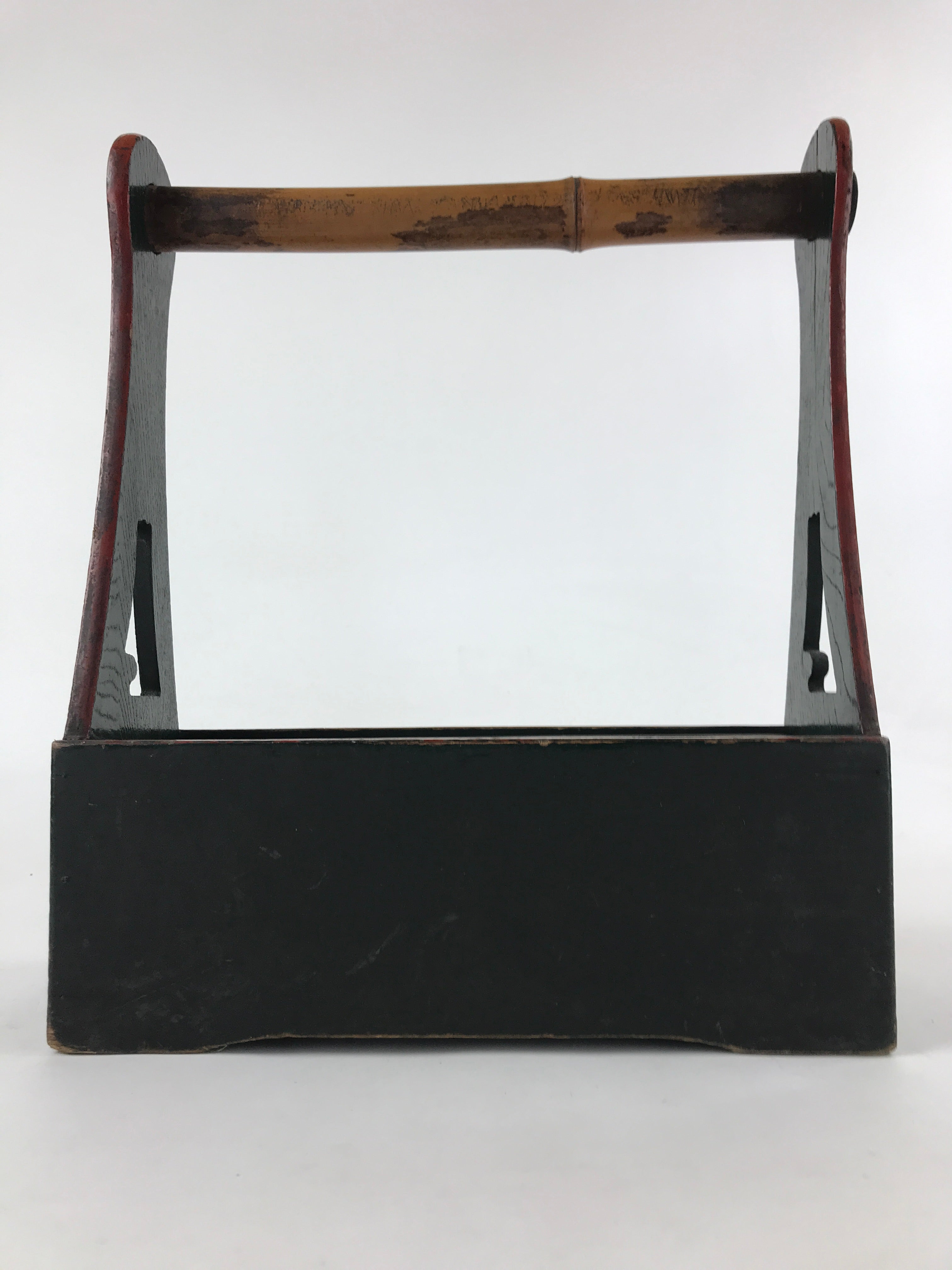 Japanese Wooden Sake Bottle Carrier Box Vtg Bamboo Handle Mt. Fuji Green JK603