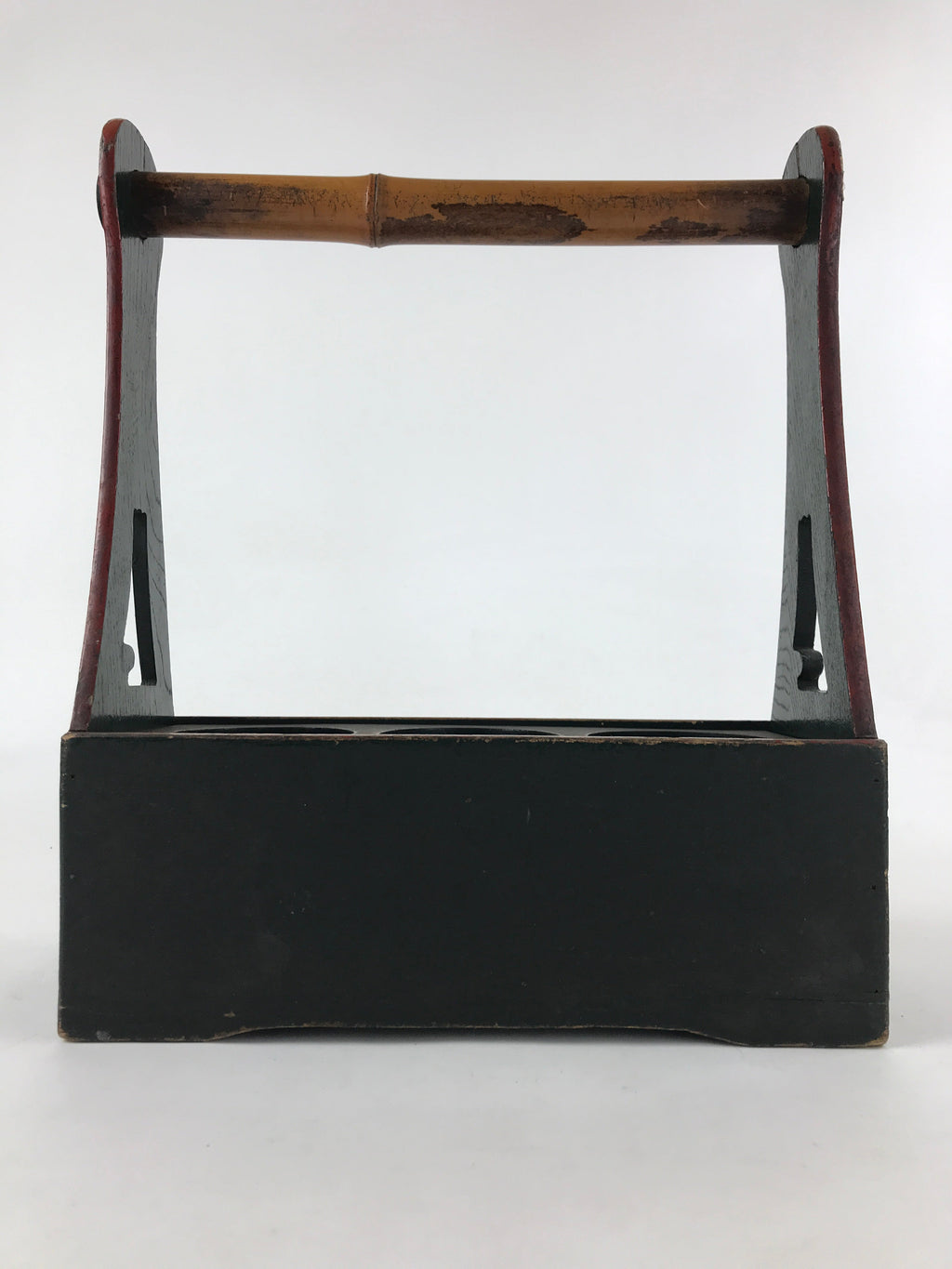 Japanese Wooden Sake Bottle Carrier Box Vtg Bamboo Handle Mt. Fuji Green JK603