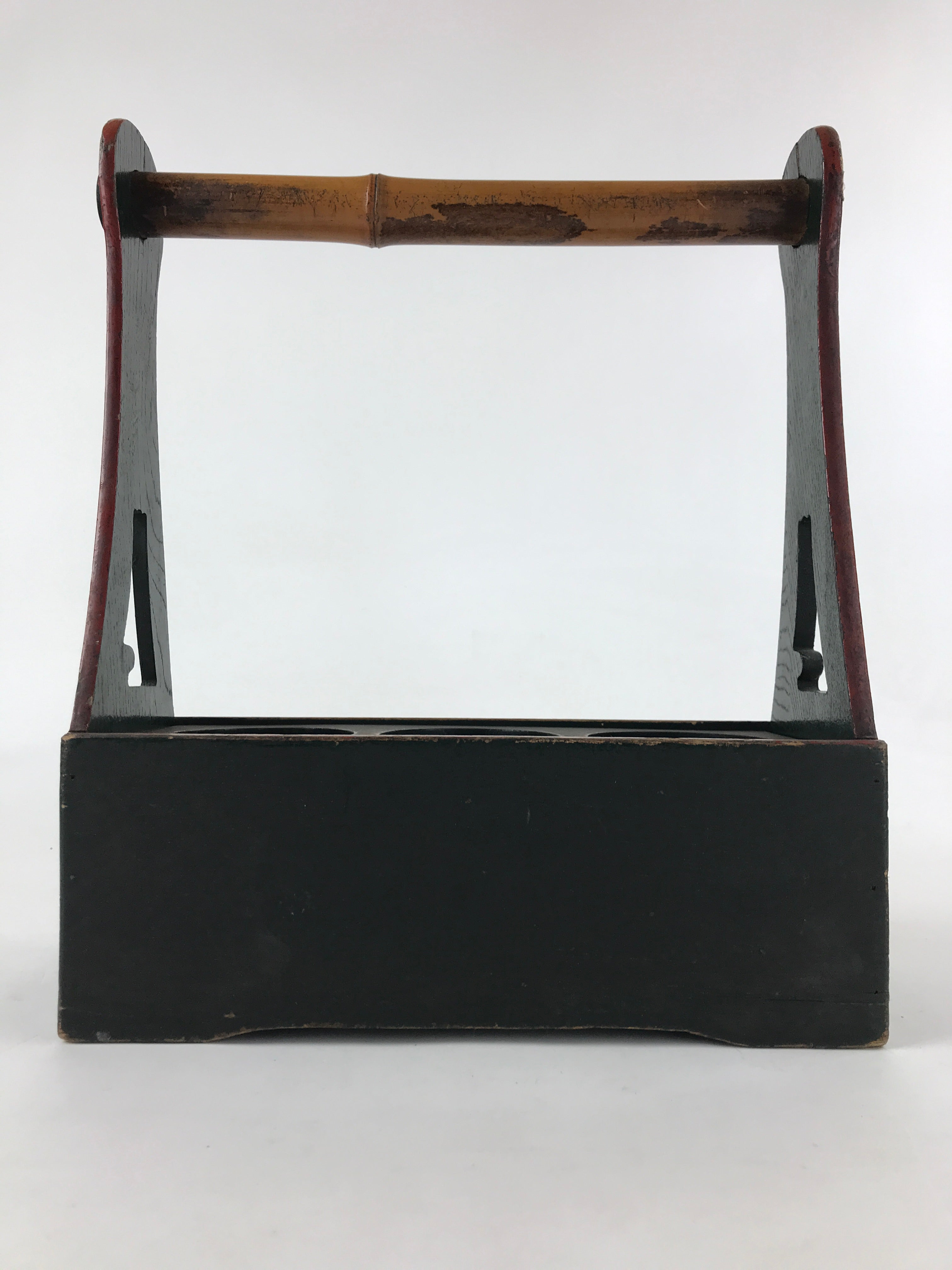 Japanese Wooden Sake Bottle Carrier Box Vtg Bamboo Handle Mt. Fuji Green JK603