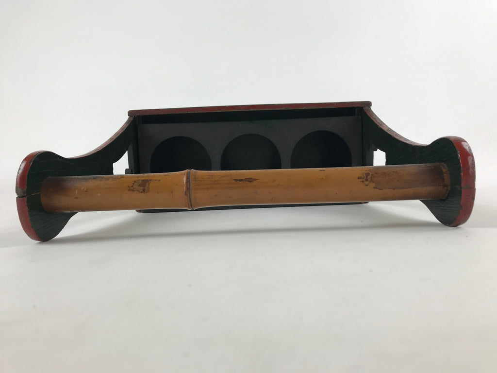 Japanese Wooden Sake Bottle Carrier Box Vtg Bamboo Handle Mt. Fuji Green JK603