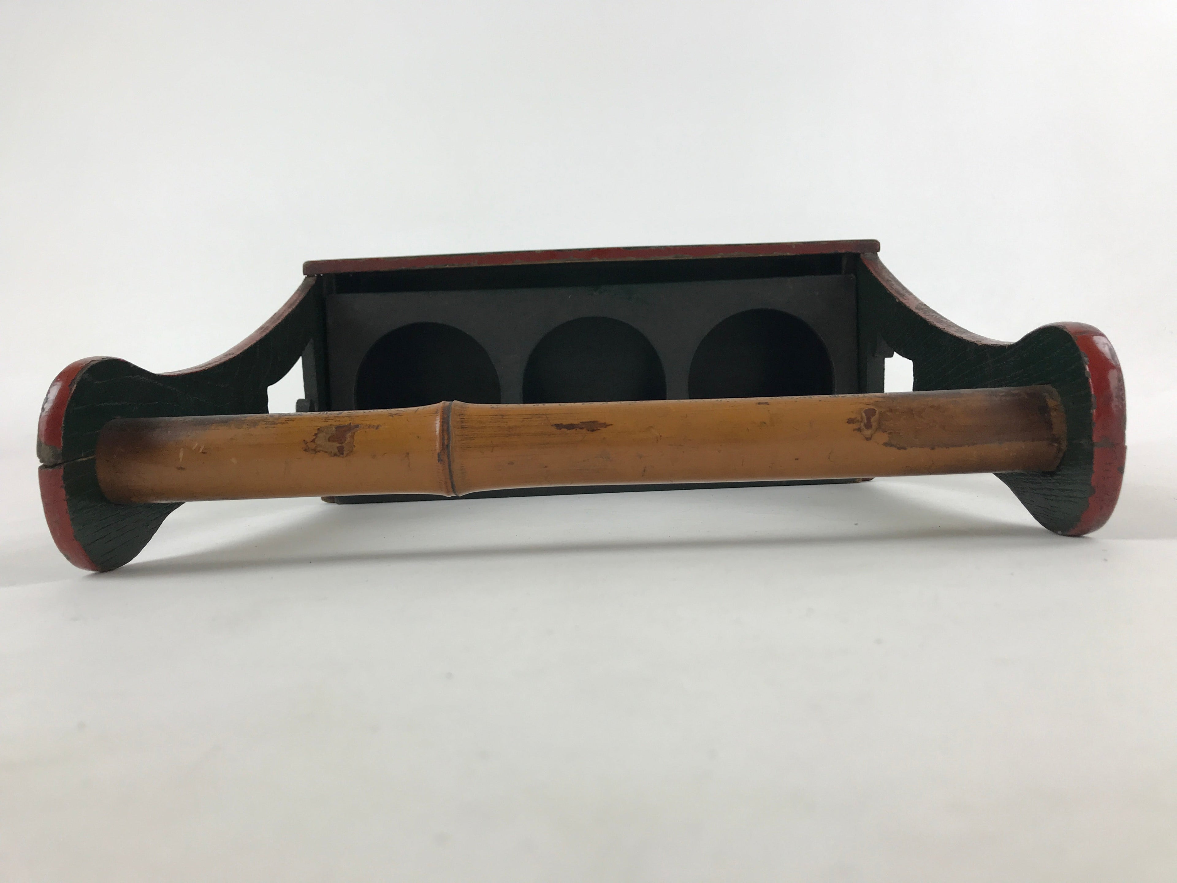 Japanese Wooden Sake Bottle Carrier Box Vtg Bamboo Handle Mt. Fuji Green JK603