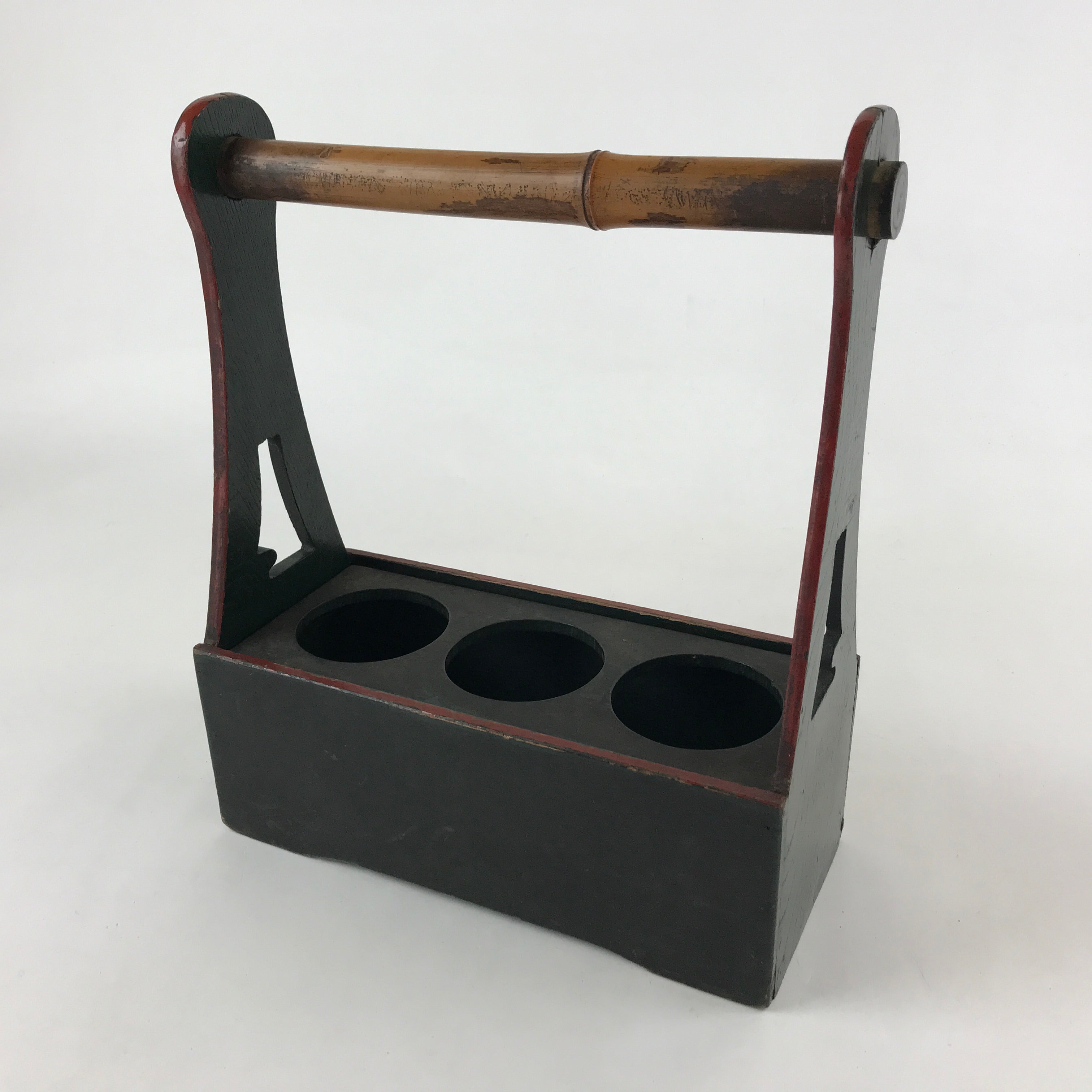 Japanese Wooden Sake Bottle Carrier Box Vtg Bamboo Handle Mt. Fuji Green JK603
