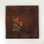 Japanese Wooden Serving Tray Makie Flowers Vtg Square Dark Brown Obon LWB70