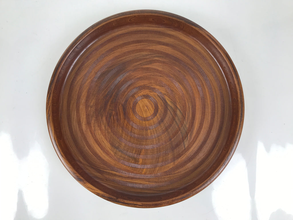 Japanese Wooden Serving Tray Obon Vtg Brown Round Grain Whirl Anniversary LWB167