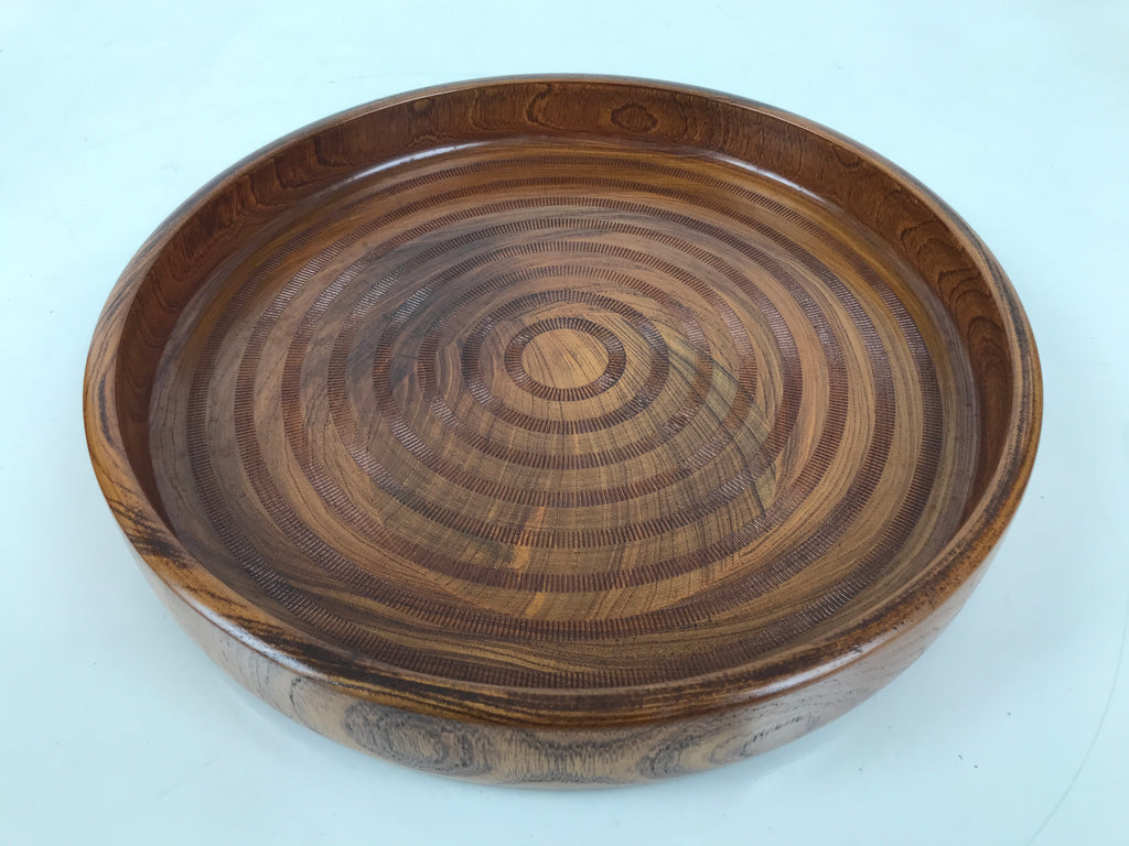 Japanese Wooden Serving Tray Obon Vtg Brown Round Grain Whirl Anniversary LWB167