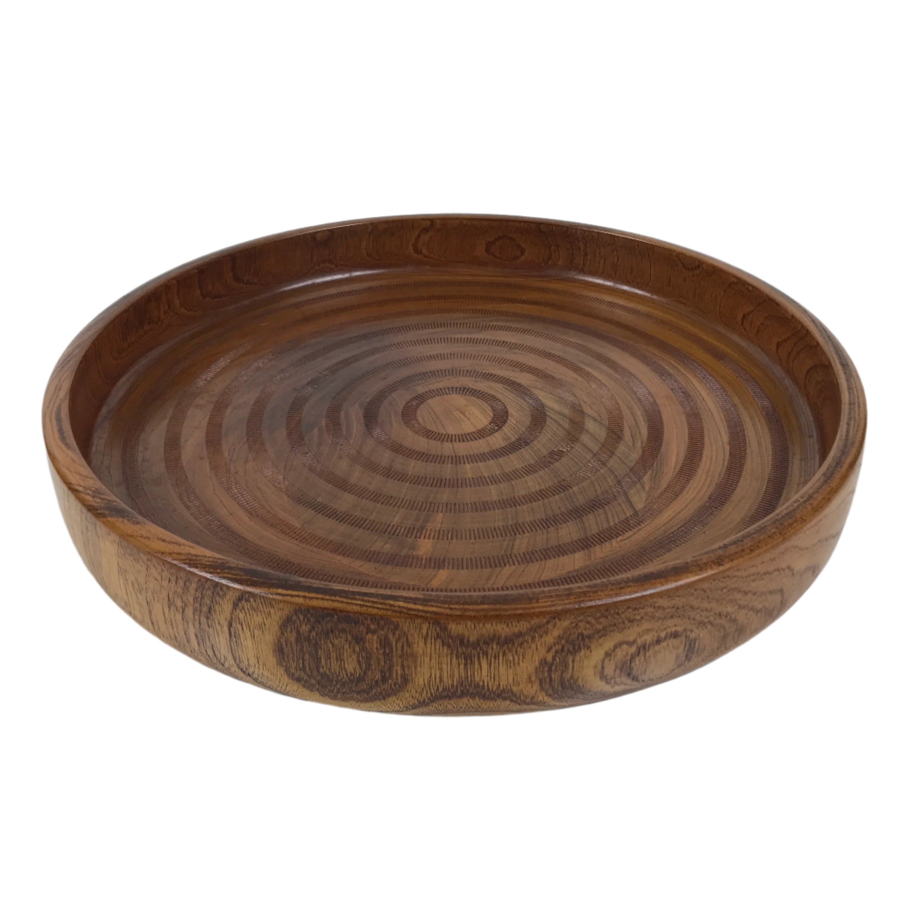 Japanese Wooden Serving Tray Obon Vtg Brown Round Grain Whirl Anniversary LWB167
