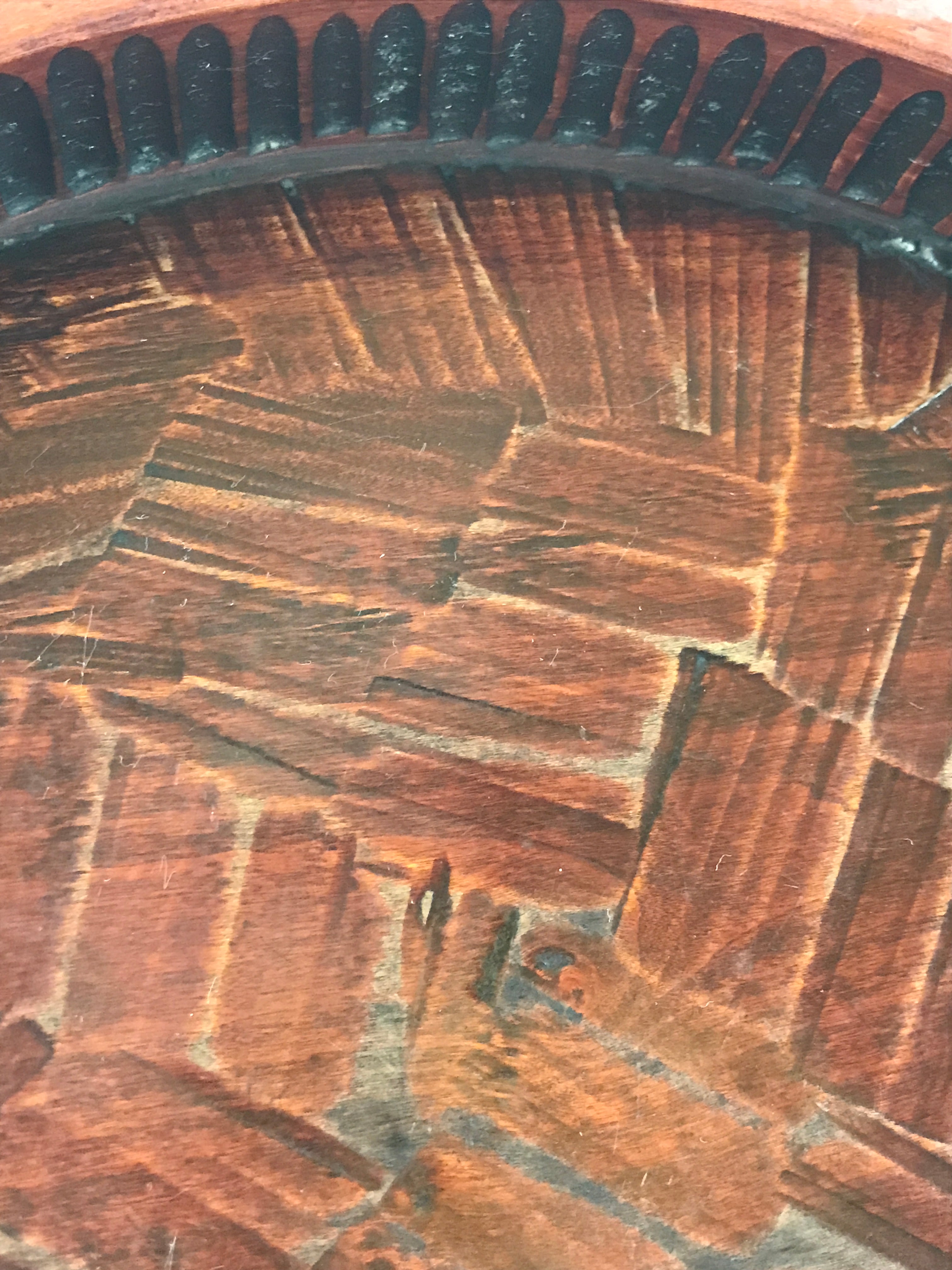 Japanese Wooden Serving Tray Vtg Obon Brown Round Carved Design UR885