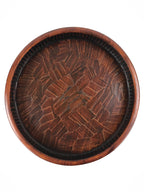 Japanese Wooden Serving Tray Vtg Obon Brown Round Carved Design UR885