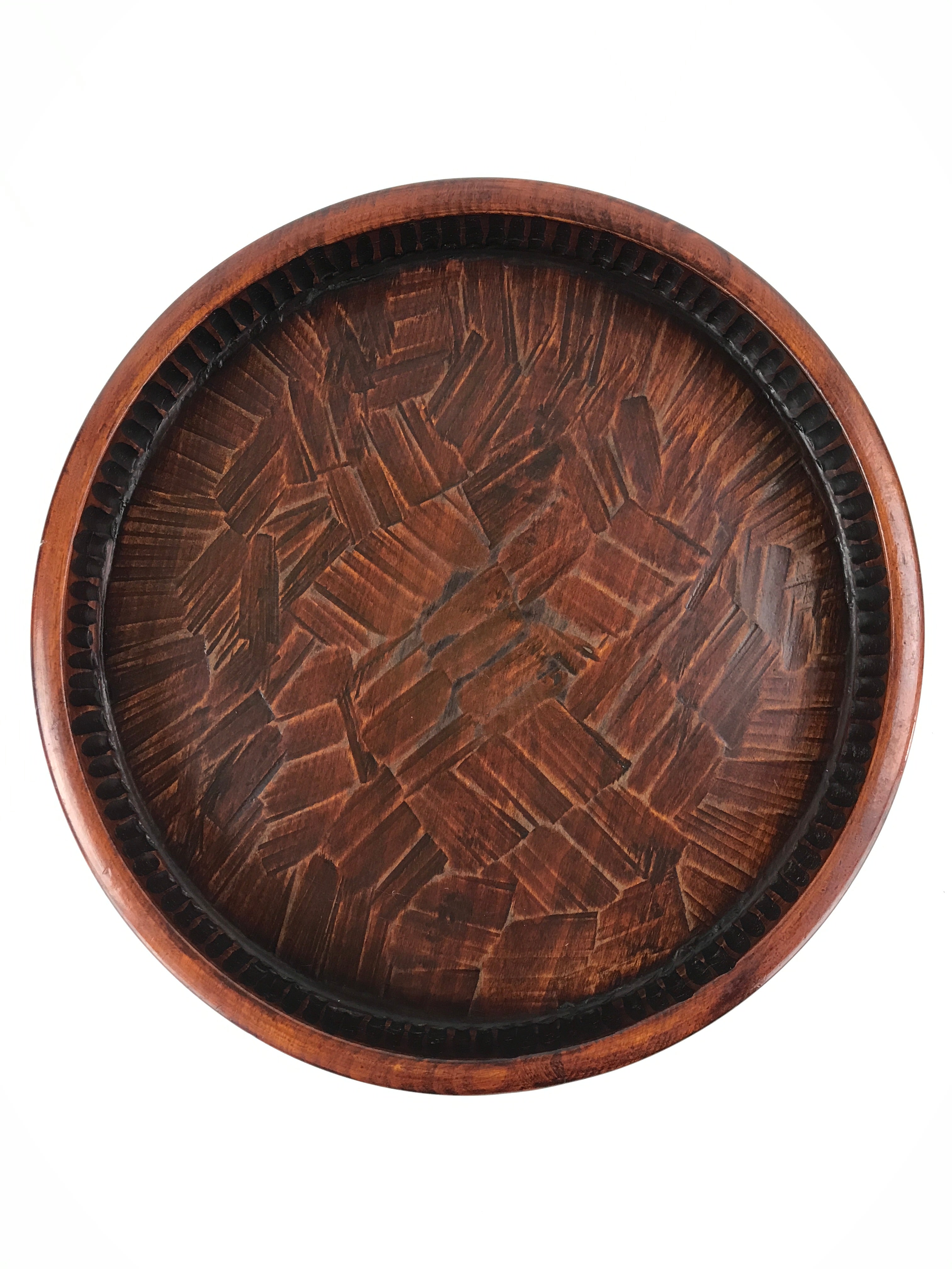 Japanese Wooden Serving Tray Vtg Obon Brown Round Carved Design UR885