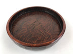 Japanese Wooden Serving Tray Vtg Obon Brown Round Carved Design UR885