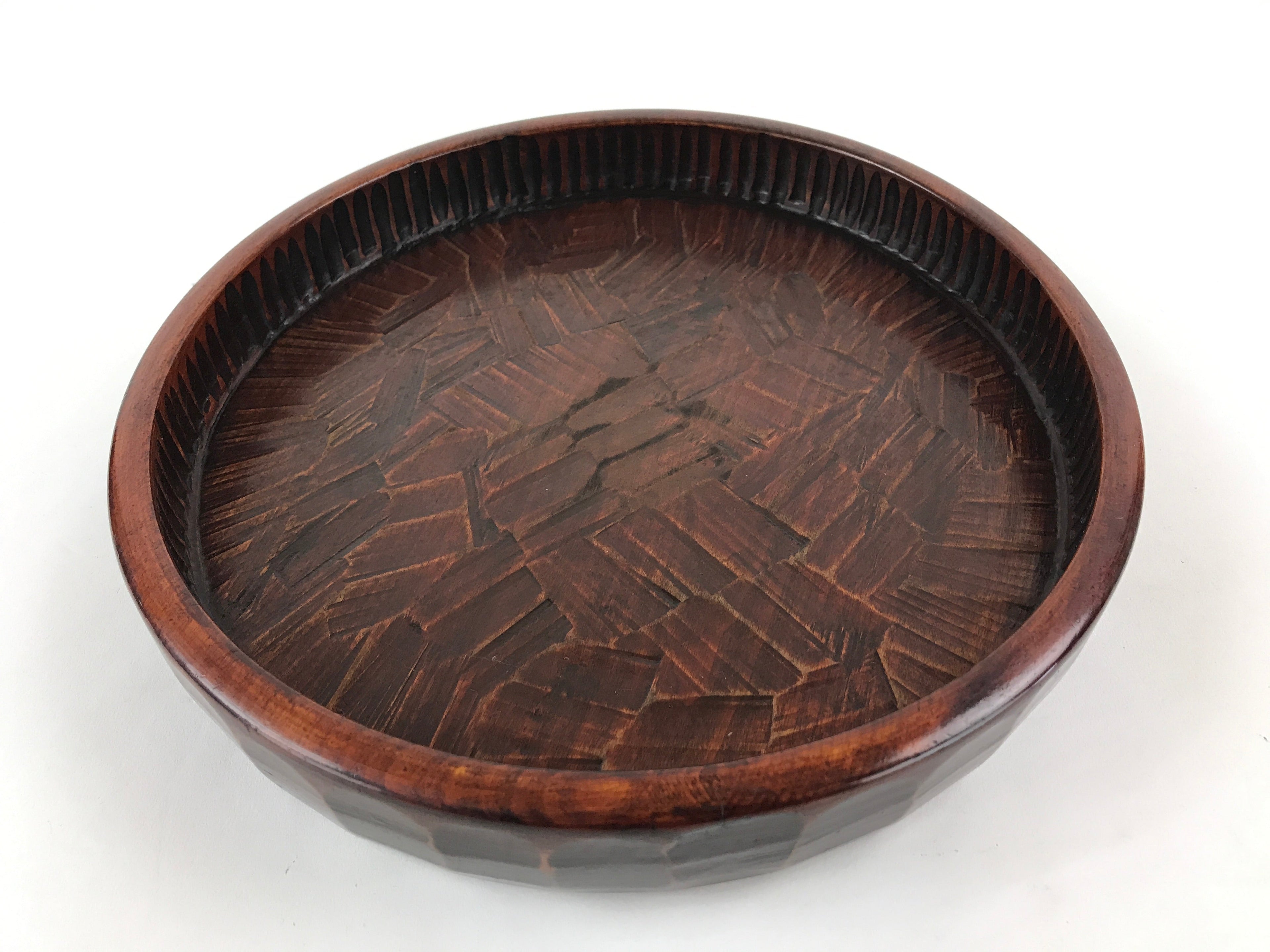 Japanese Wooden Serving Tray Vtg Obon Brown Round Carved Design UR885