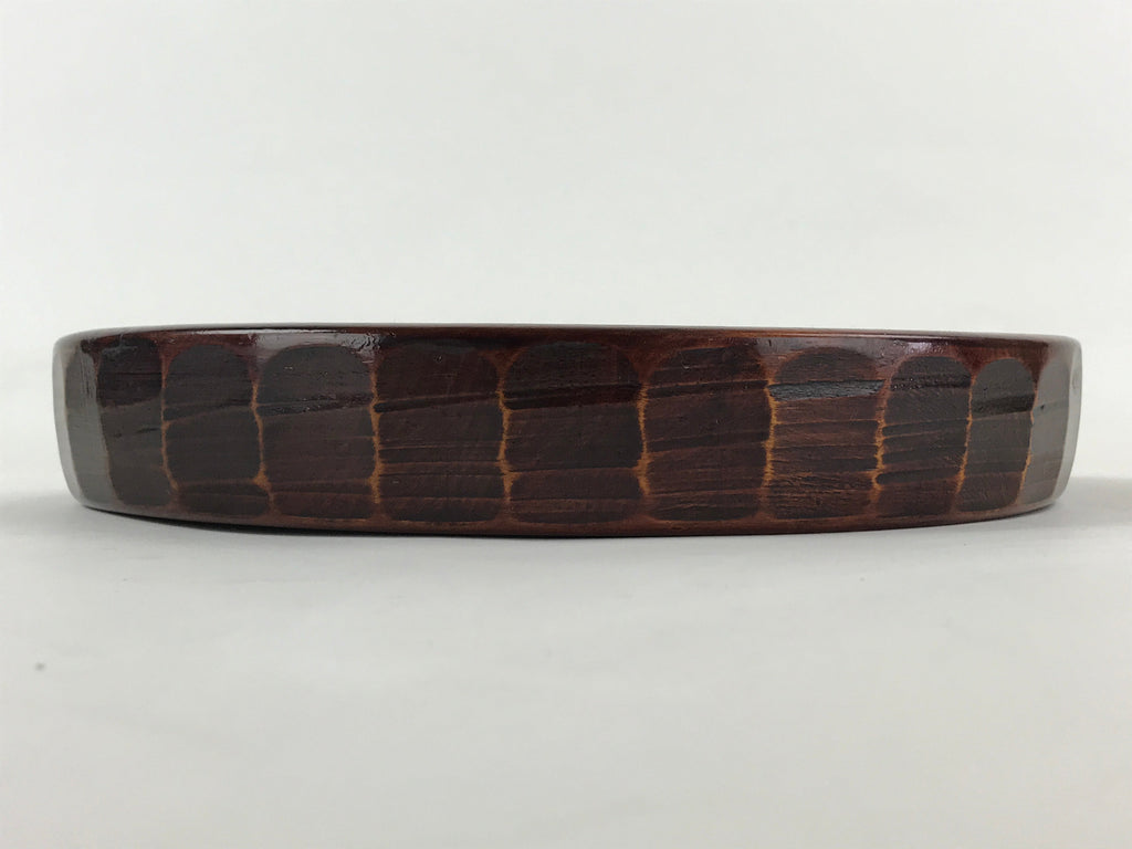 Japanese Wooden Serving Tray Vtg Obon Brown Round Carved Design UR885