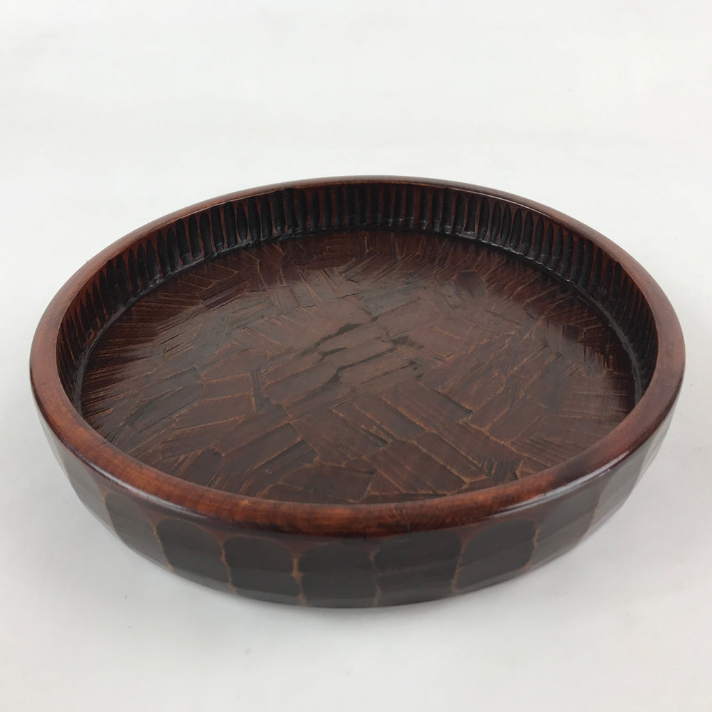 Japanese Wooden Serving Tray Vtg Obon Brown Round Carved Design UR885
