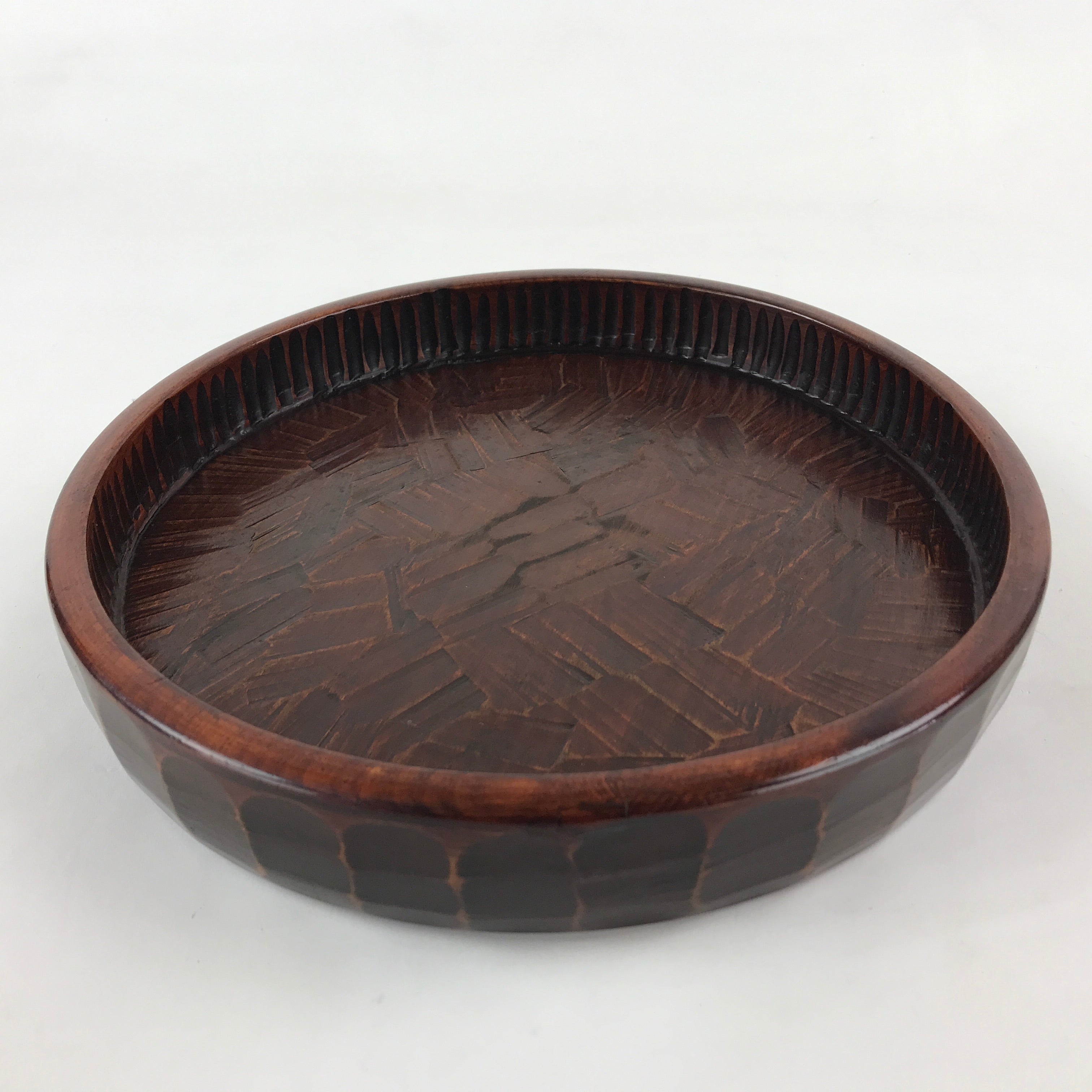 Japanese Wooden Serving Tray Vtg Obon Brown Round Carved Design UR885