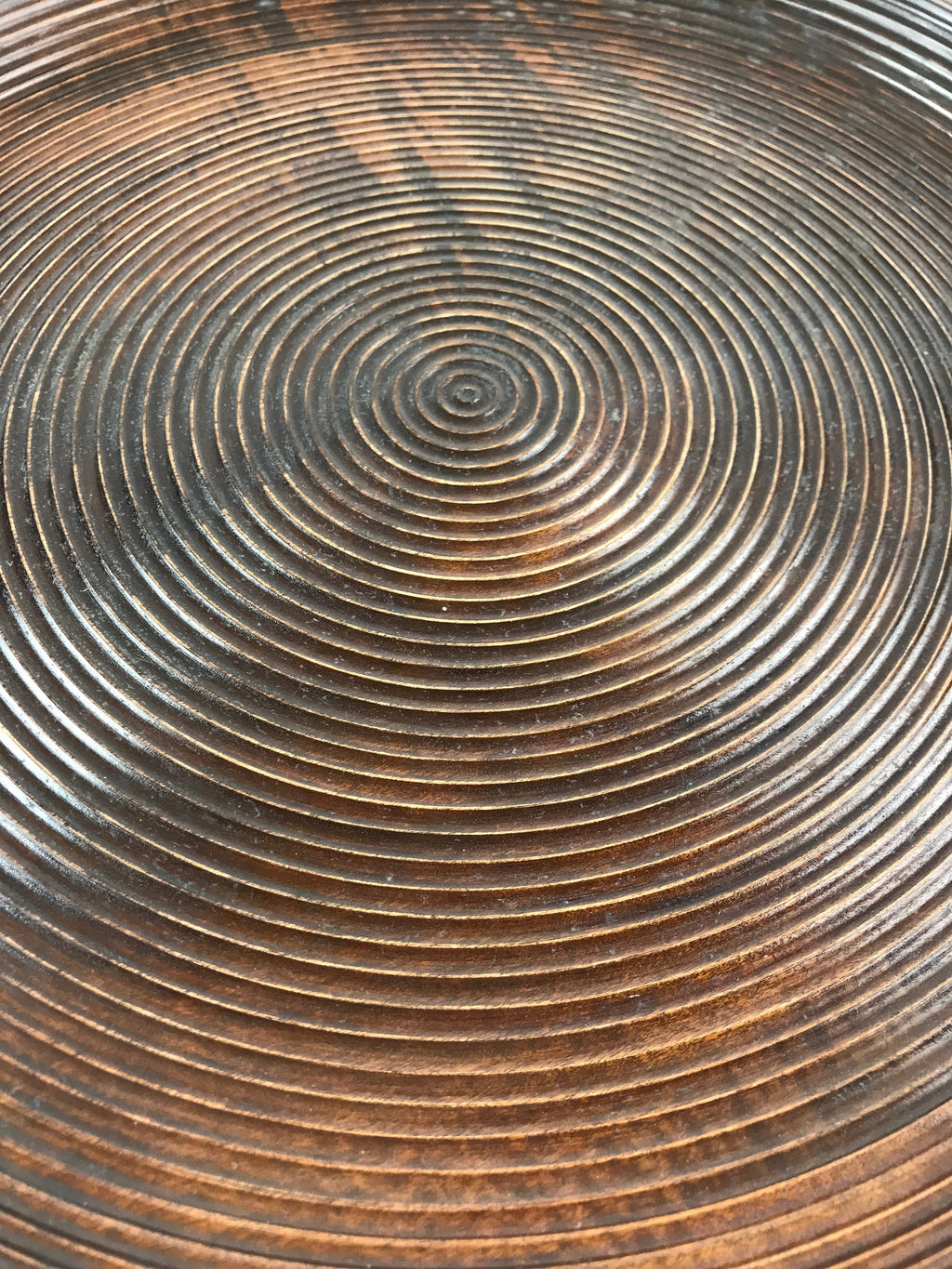 Japanese Wooden Serving Tray Vtg Obon Dark Brown Round Carved Lines UR886