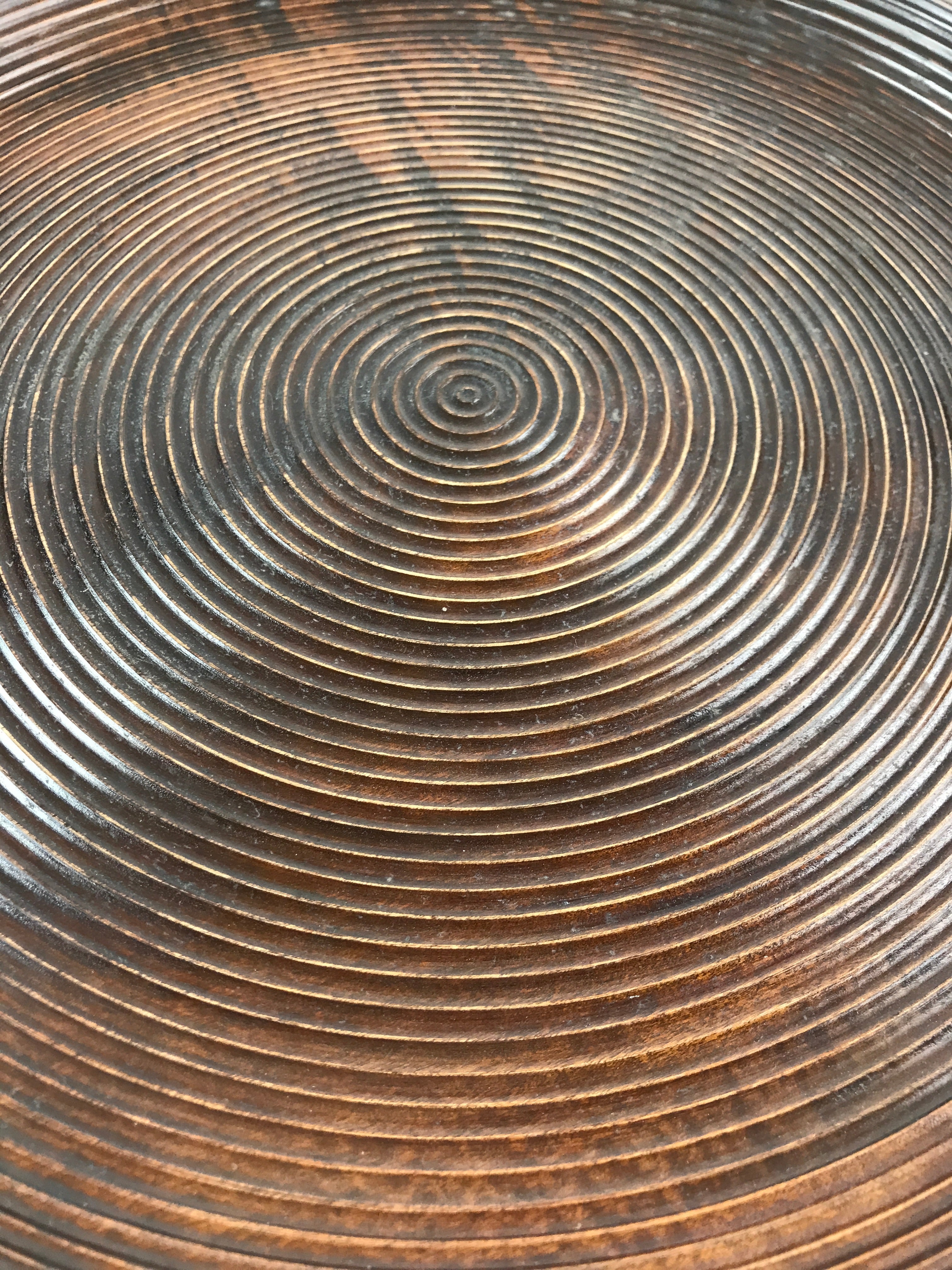 Japanese Wooden Serving Tray Vtg Obon Dark Brown Round Carved Lines UR886