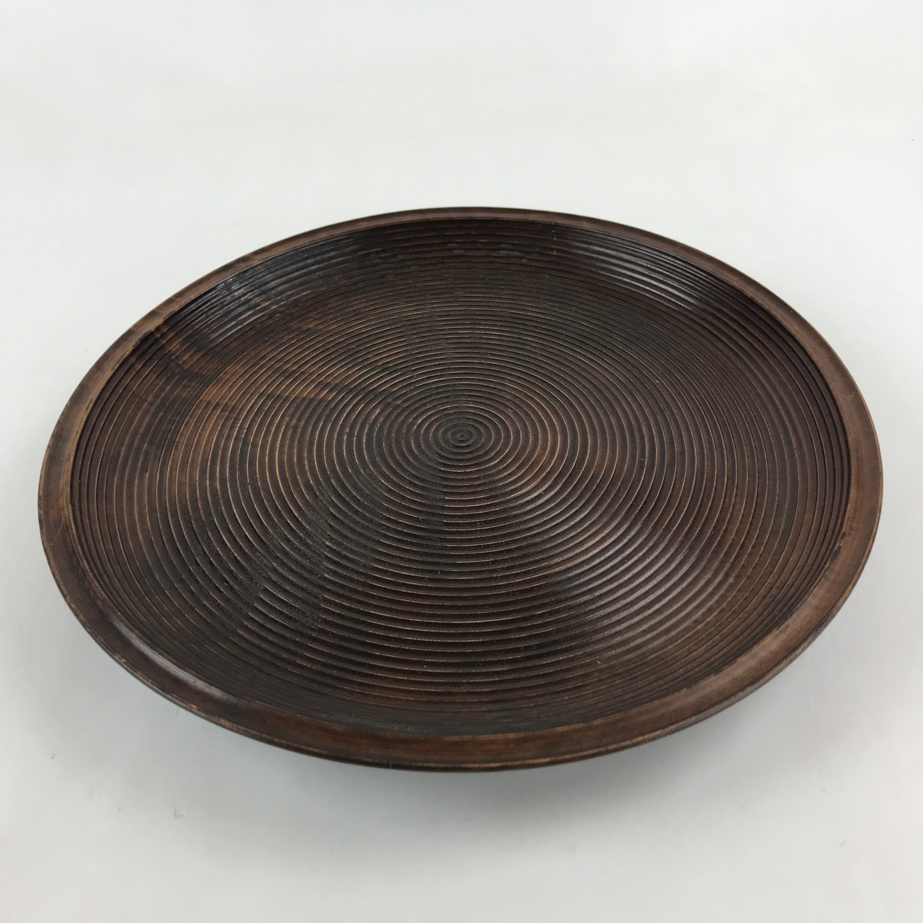 Japanese Wooden Serving Tray Vtg Obon Dark Brown Round Carved Lines UR886