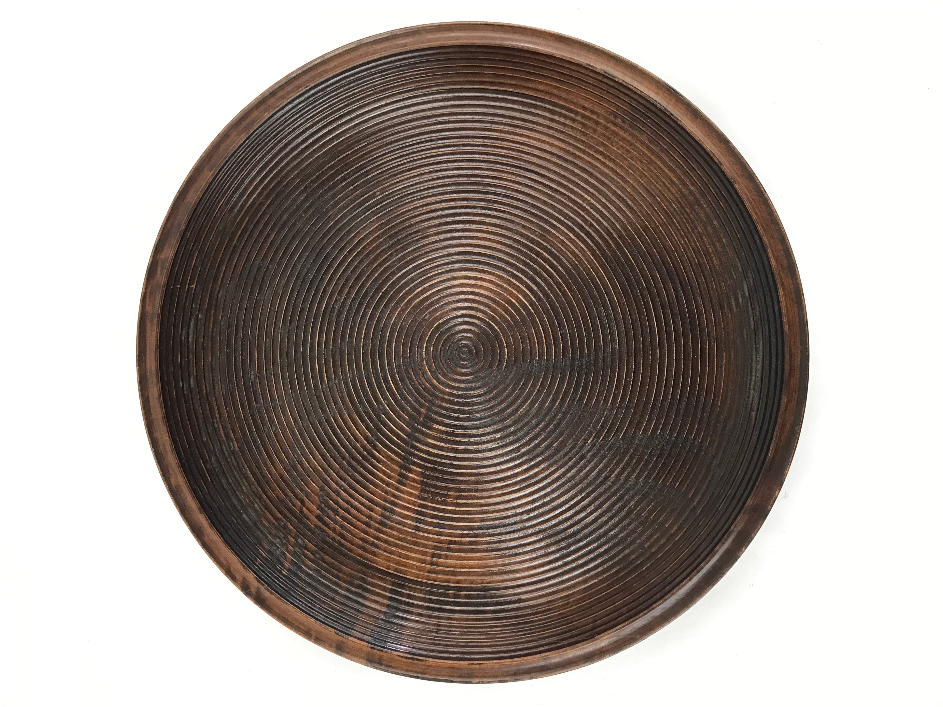 Japanese Wooden Serving Tray Vtg Obon Dark Brown Round Carved Lines UR886