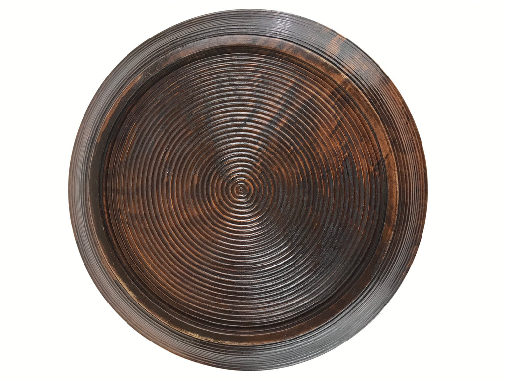 Japanese Wooden Serving Tray Vtg Obon Dark Brown Round Carved Lines UR886