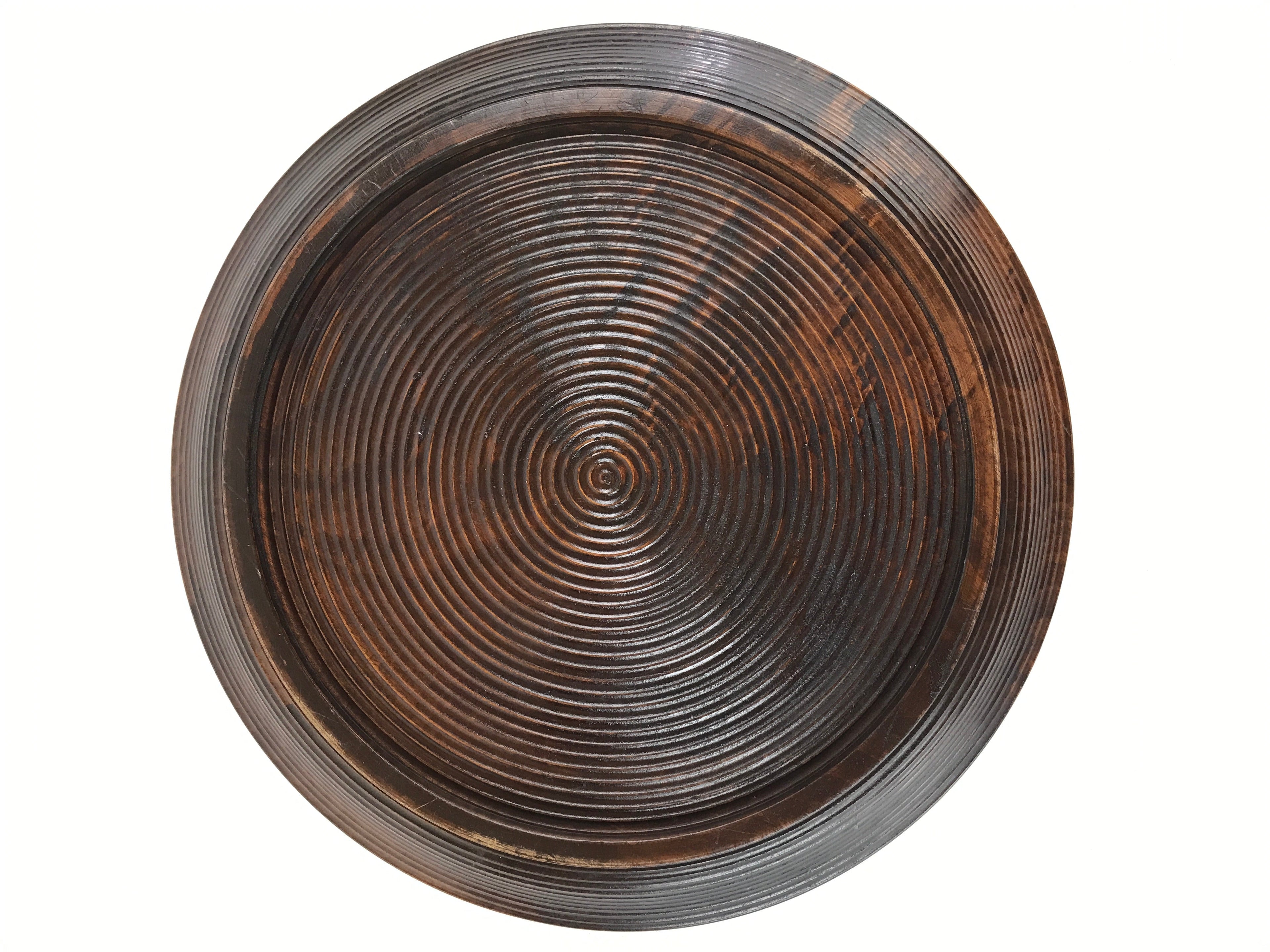 Japanese Wooden Serving Tray Vtg Obon Dark Brown Round Carved Lines UR886