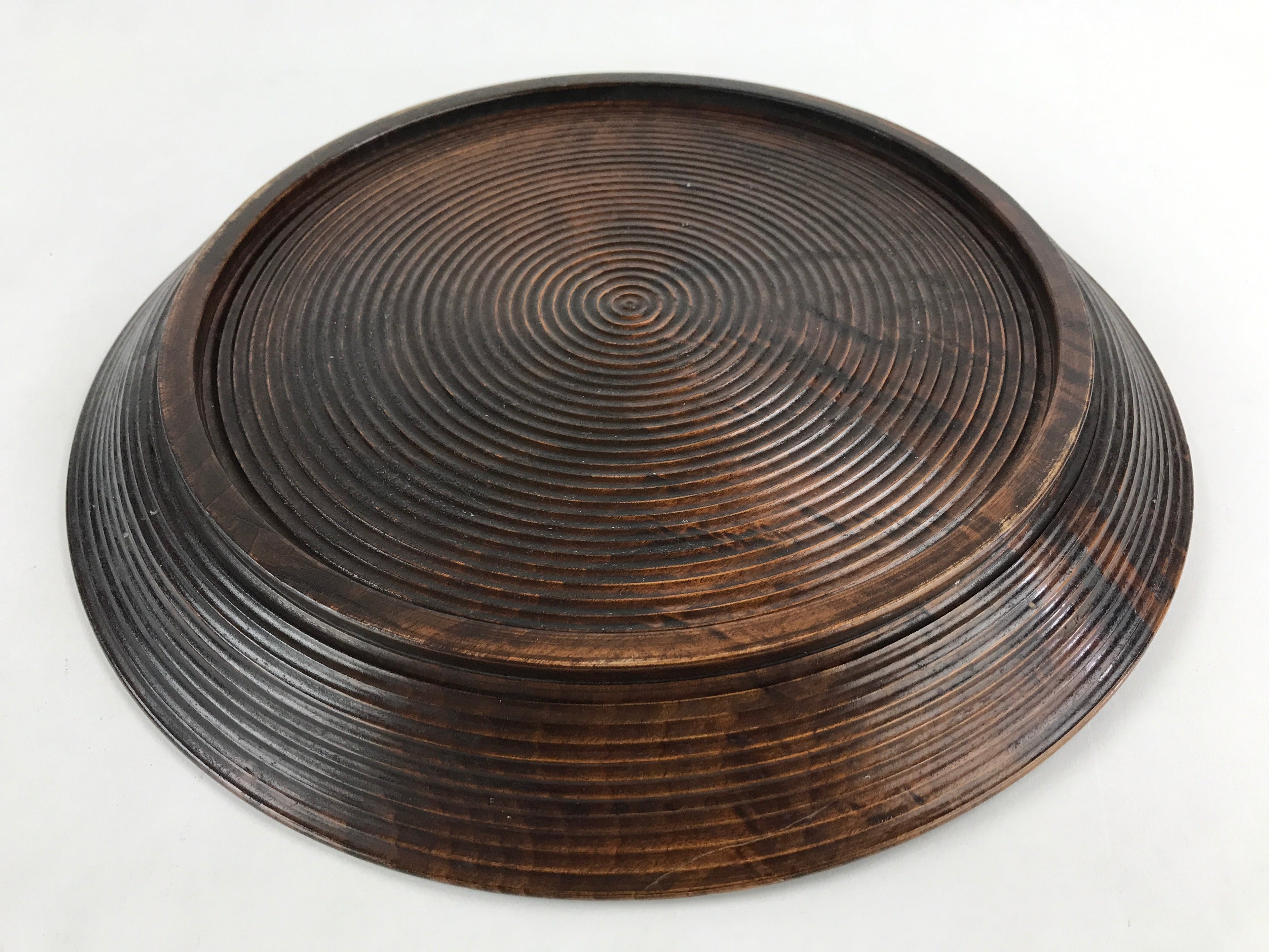 Japanese Wooden Serving Tray Vtg Obon Dark Brown Round Carved Lines UR886