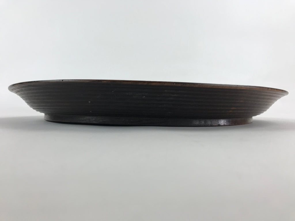 Japanese Wooden Serving Tray Vtg Obon Dark Brown Round Carved Lines UR886